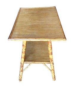 Pedestal Side Table with Tiger Bamboo Frame with Bottom Shelf