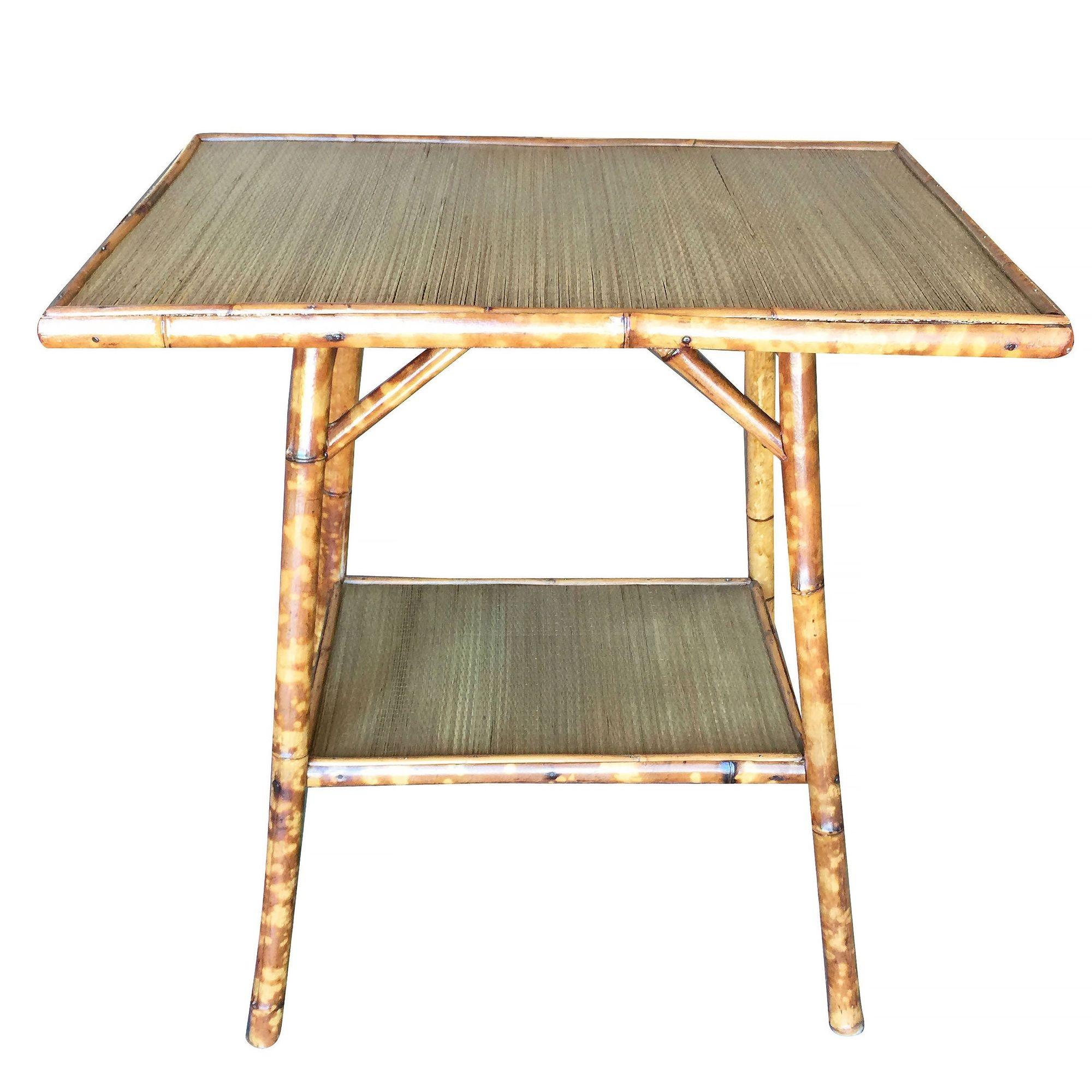 American Pedestal Side Table with Tiger Bamboo Frame with Bottom Shelf For Sale