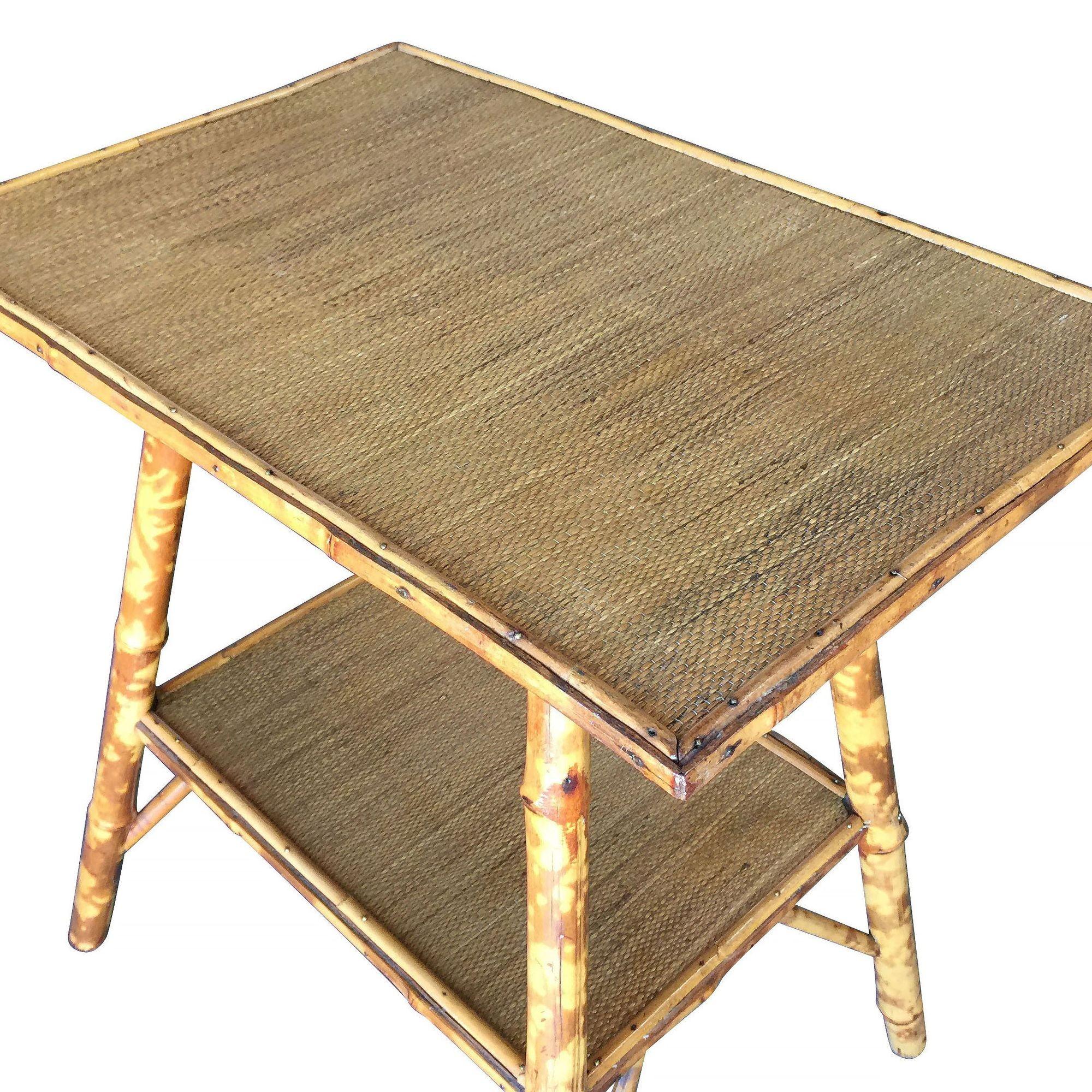 Pedestal Side Table with Tiger Bamboo Frame with Bottom Shelf In Excellent Condition For Sale In Van Nuys, CA