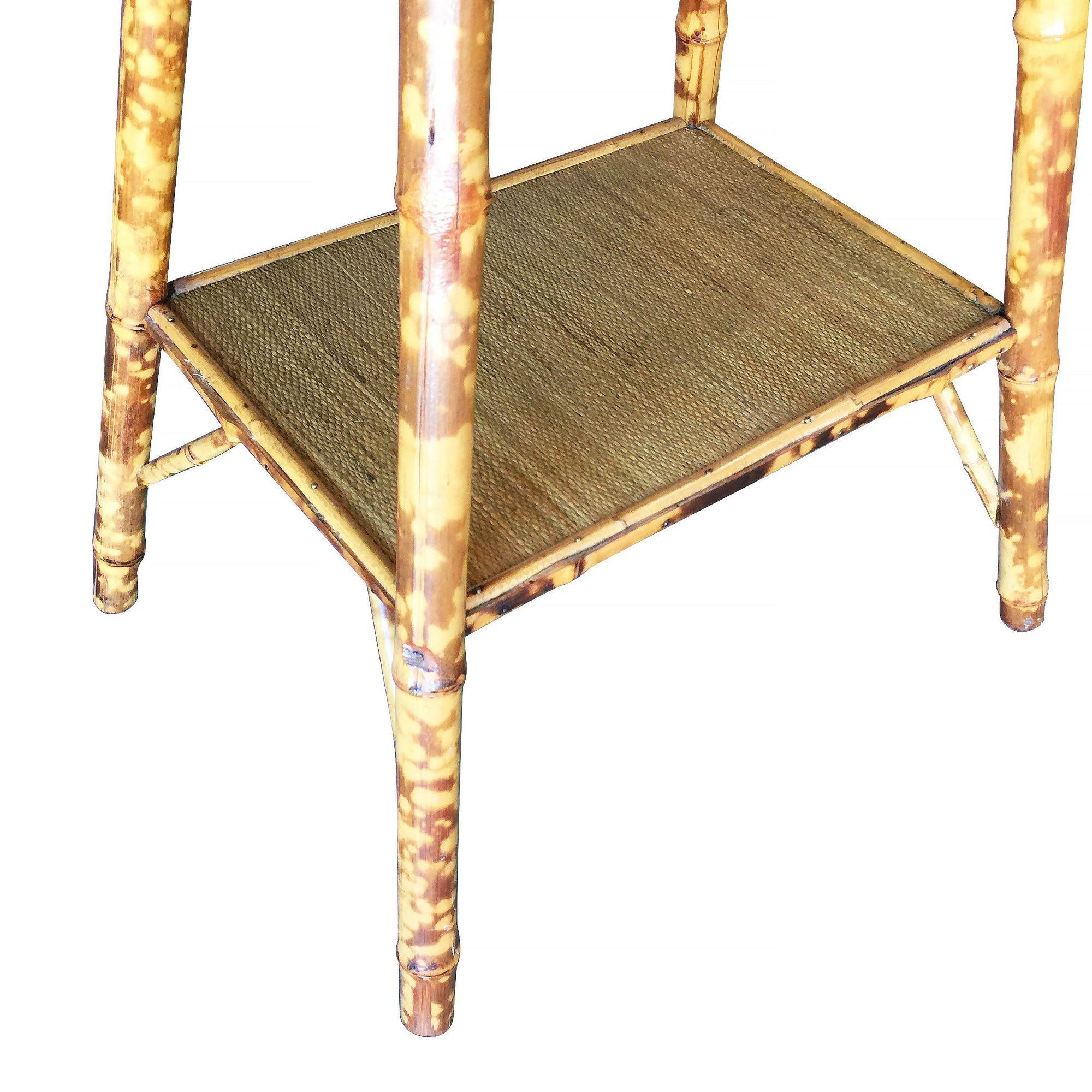 Pedestal Side Table with Tiger Bamboo Frame with Bottom Shelf For Sale 2