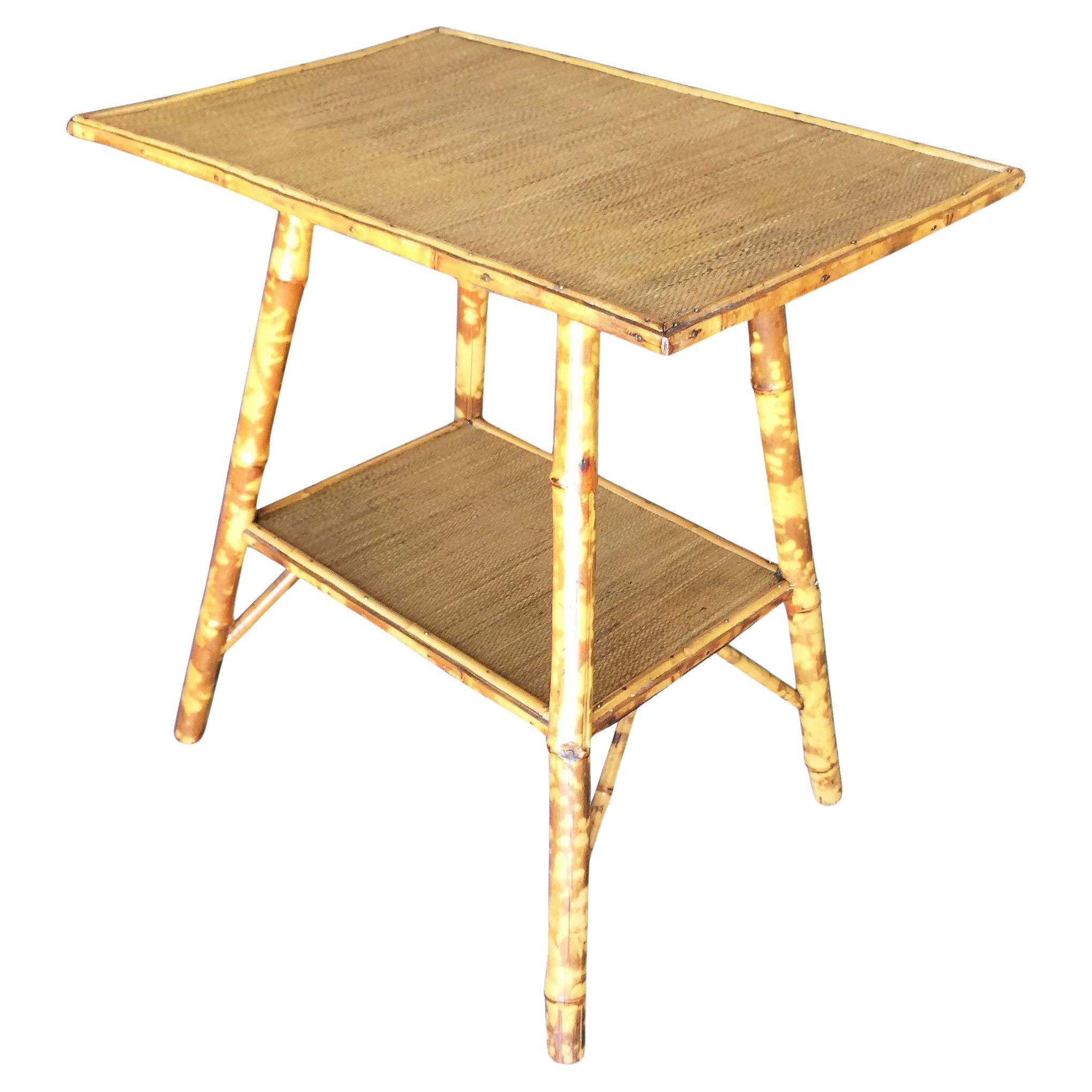 Pedestal Side Table with Tiger Bamboo Frame with Bottom Shelf For Sale