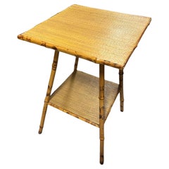 Antique Pedestal Side Table with Tiger Bamboo Frame with Bottom Shelf