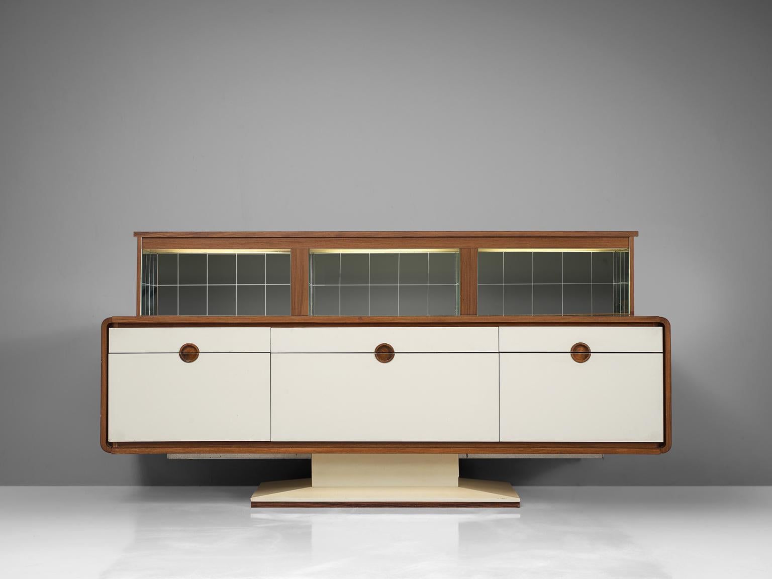 Mid-Century Modern Pedestal Sideboard with Automated Movable Mirrored Dry Bar