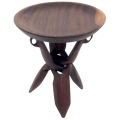 Pedestal Table, African 1960, in Solid Wood, with Tripod Feet, Brown, Demontable