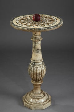 Pedestal Table in Alabaster with Marble Marquetry Top in Italian Style, 16th Cen
