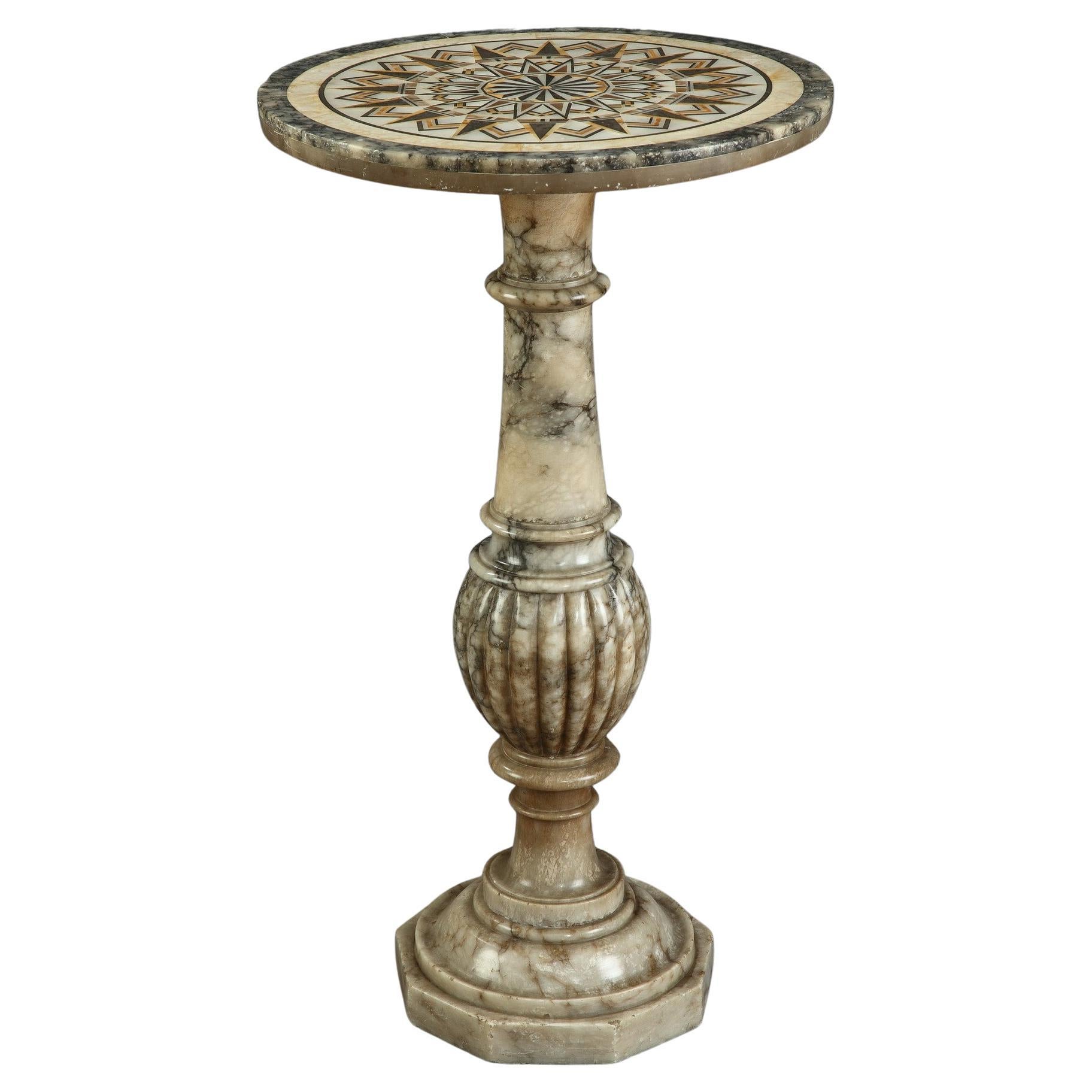 Pedestal Table in Alabaster with Marble Marquetry Top in Italian Style, 16th Cen For Sale