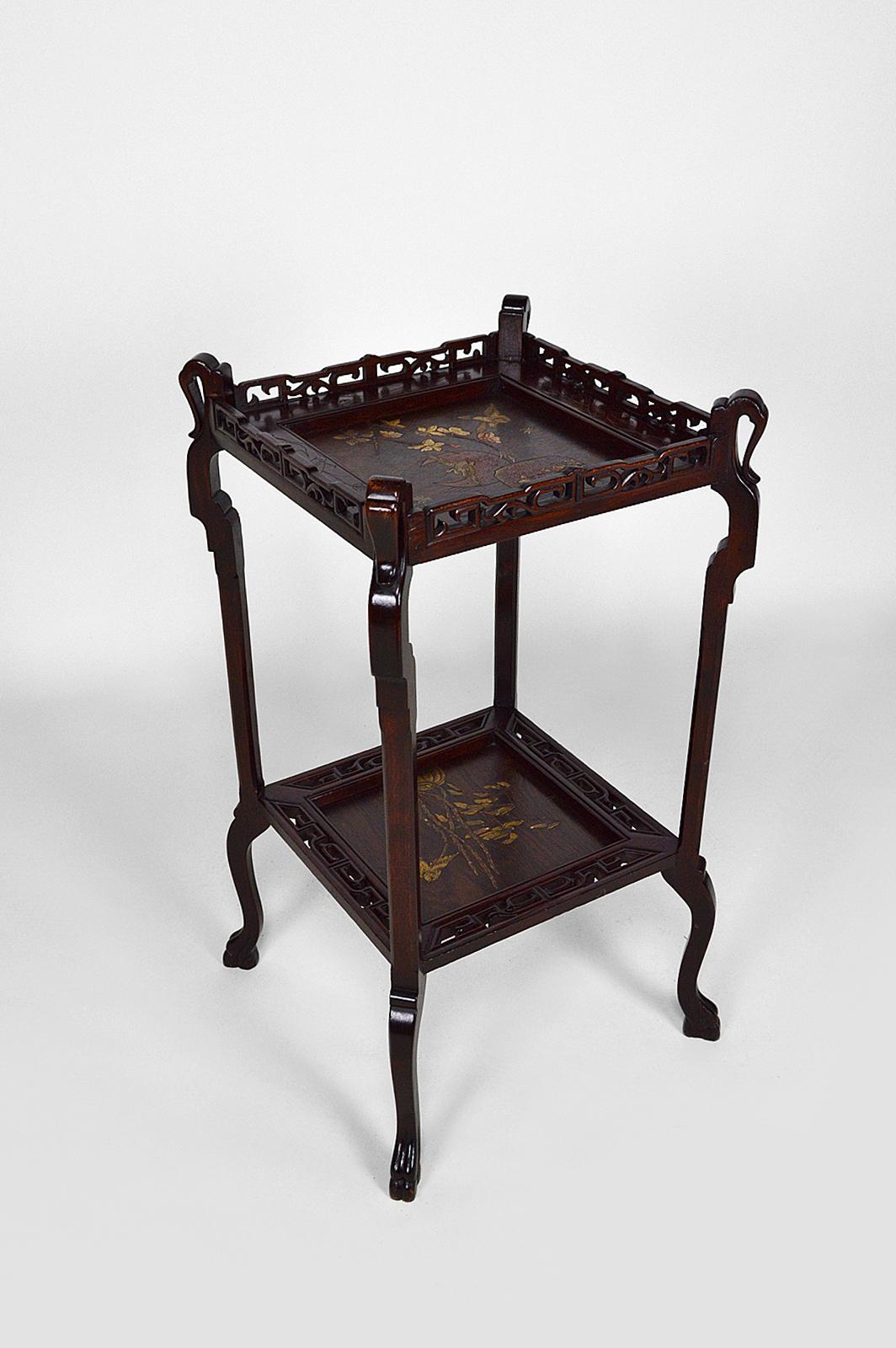 French Pedestal Table in Carved Wood and Lacquered Panels, Japonisme France, circa 1880 For Sale