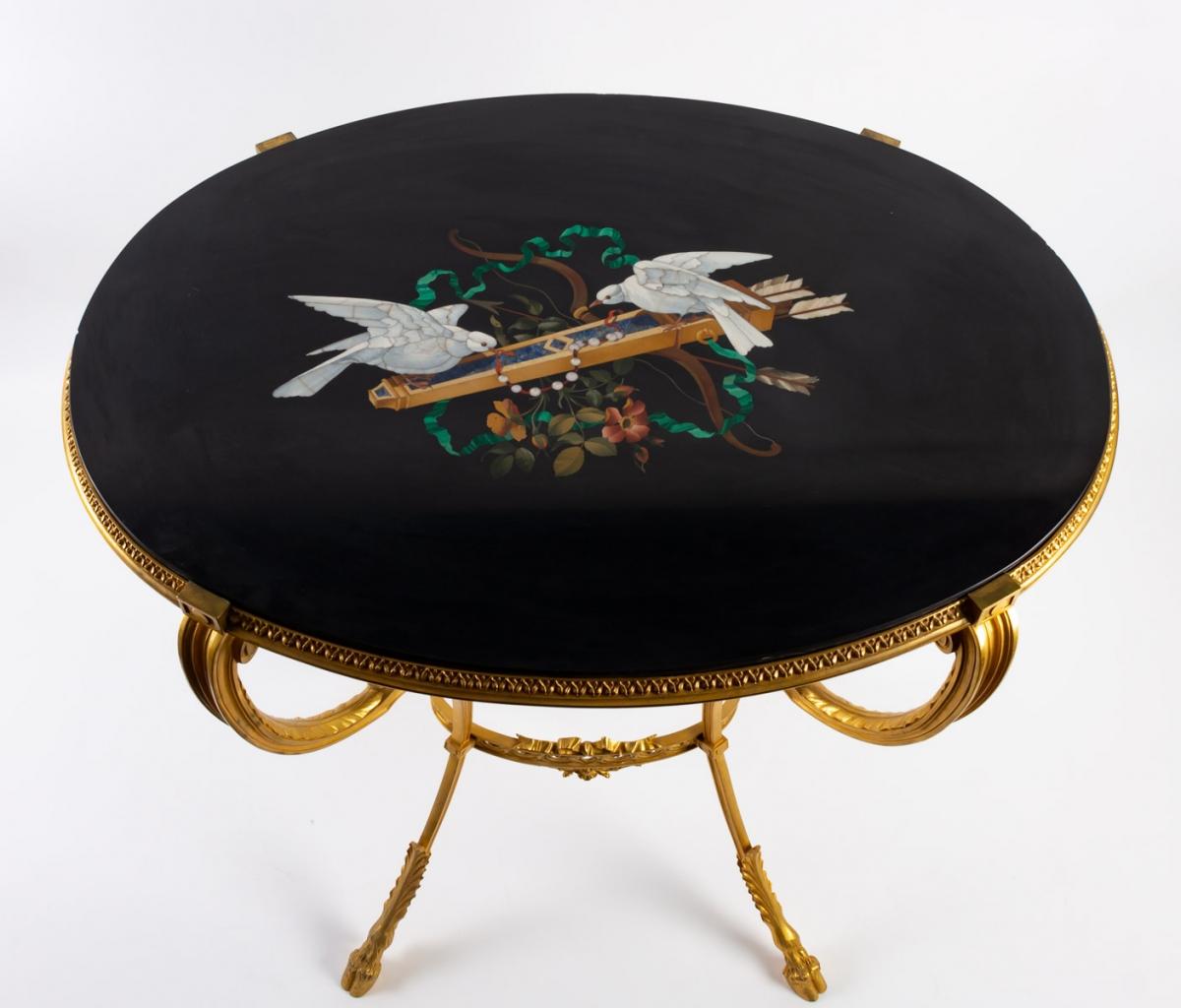 Late 19th Century Pedestal Table in Hard Stone Marquetry Napoleon III Period