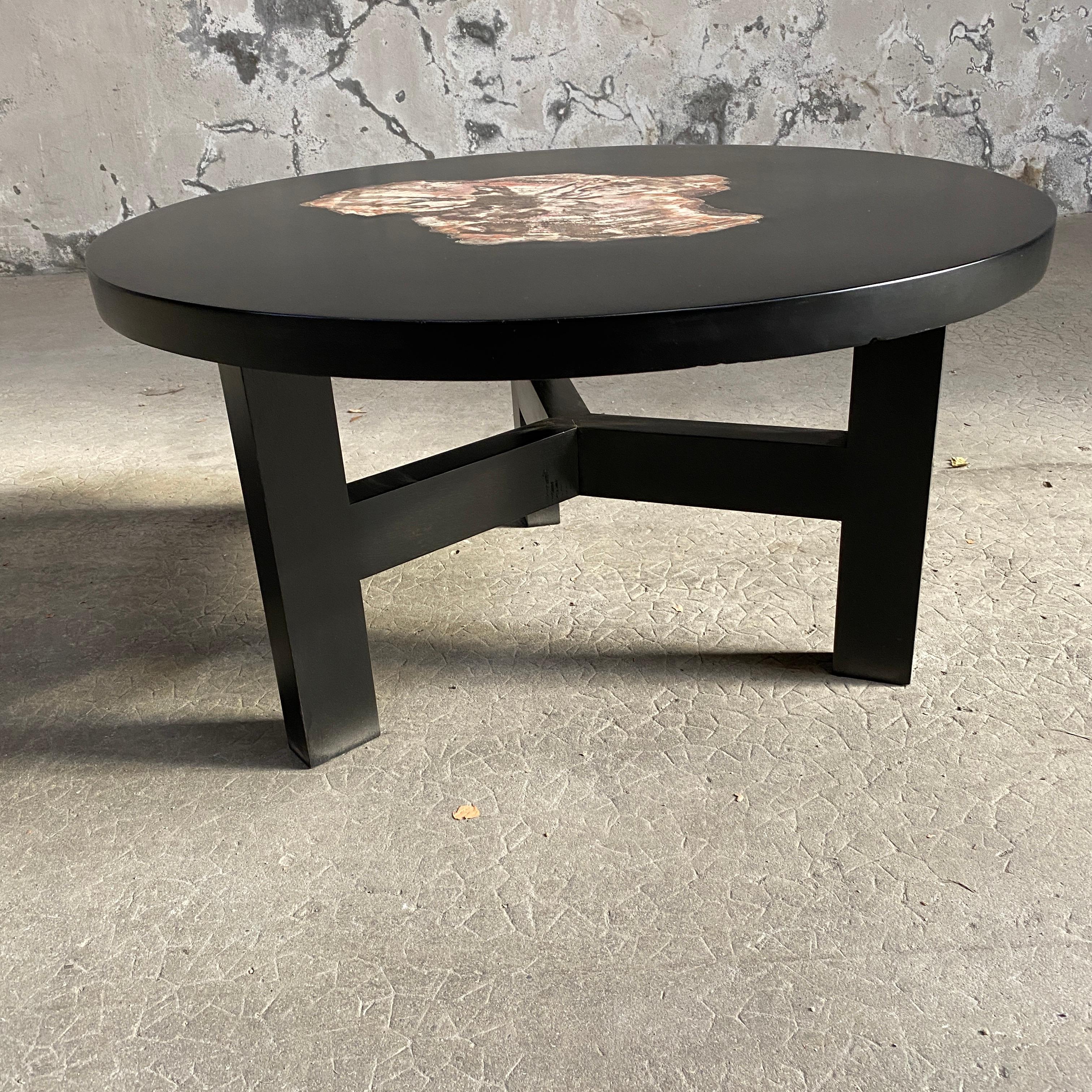Belgian Pedestal Table in Lacquered Wood and Fossilized Stone For Sale