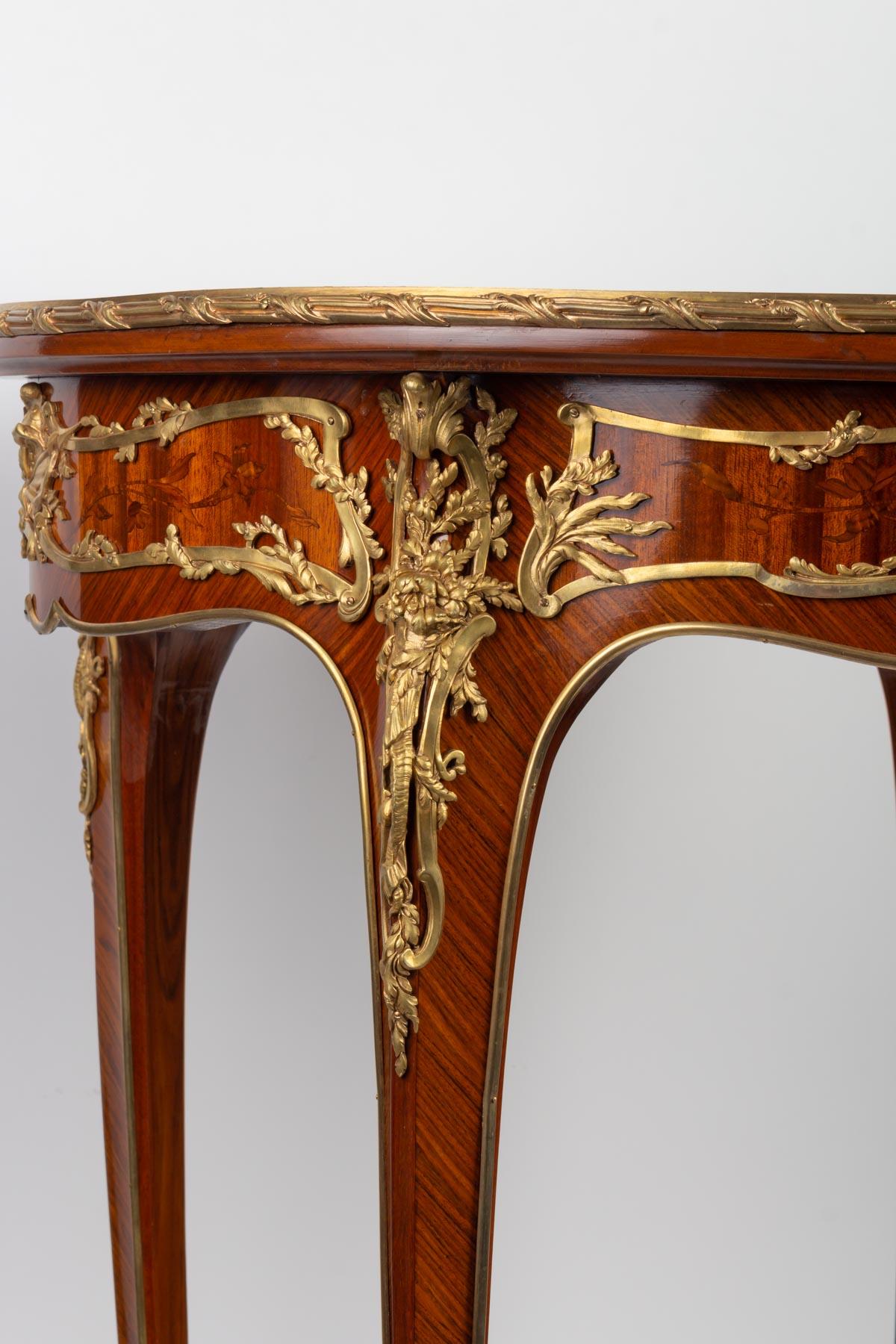 Napoleon III Pedestal Table in Marquetry and Gilt Bronze