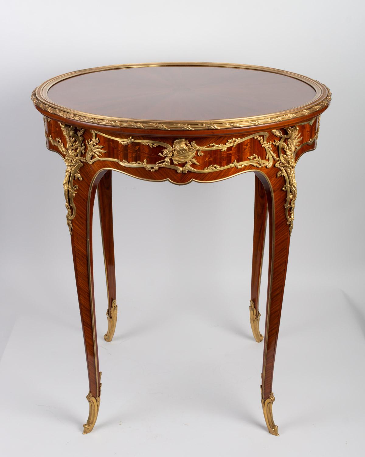 European Pedestal Table in Marquetry and Gilt Bronze