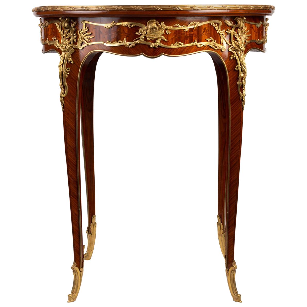 Pedestal Table in Marquetry and Gilt Bronze