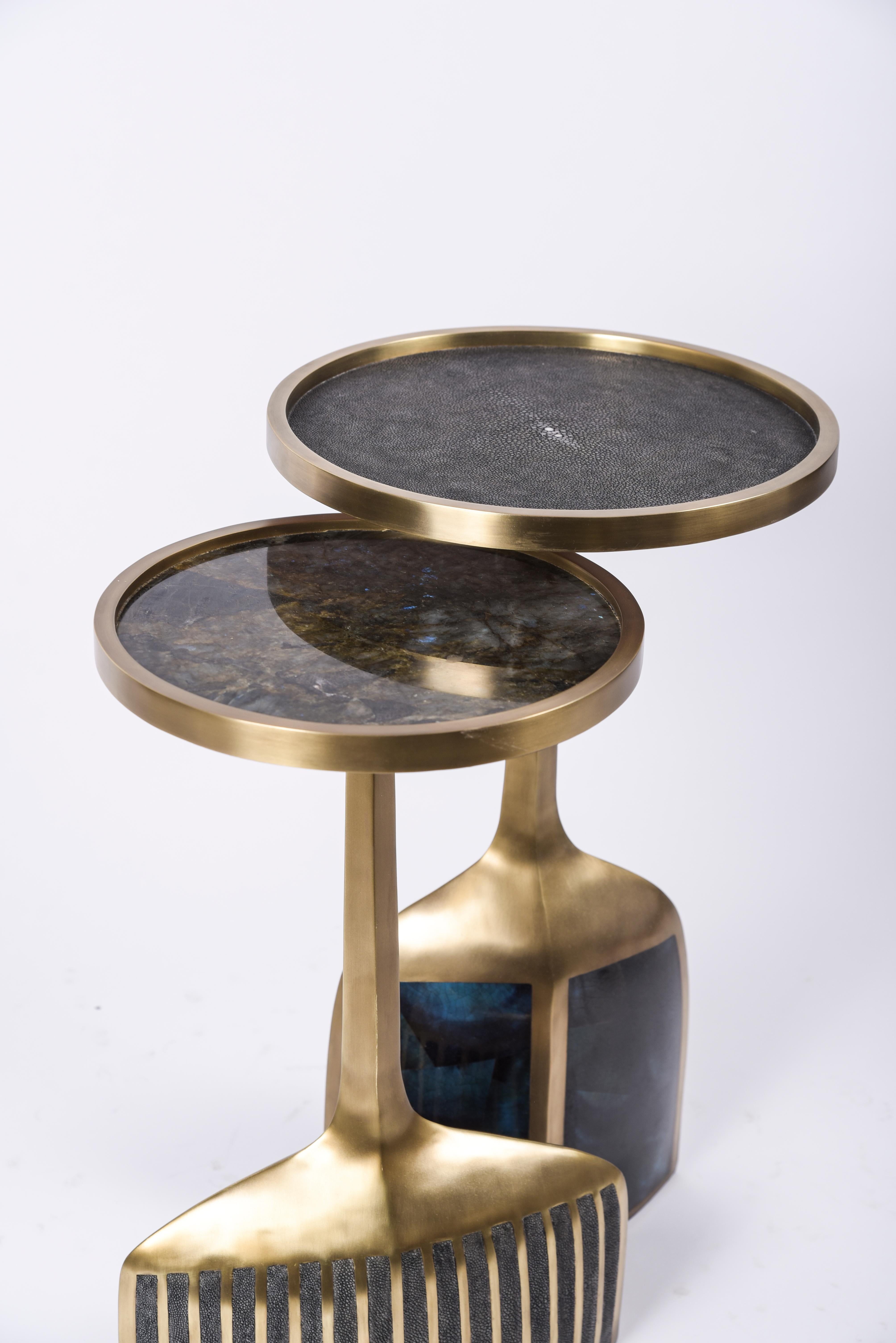 Pedestal Table Large in Coal Black Shagreen and Brass by R&Y Augousti For Sale 3