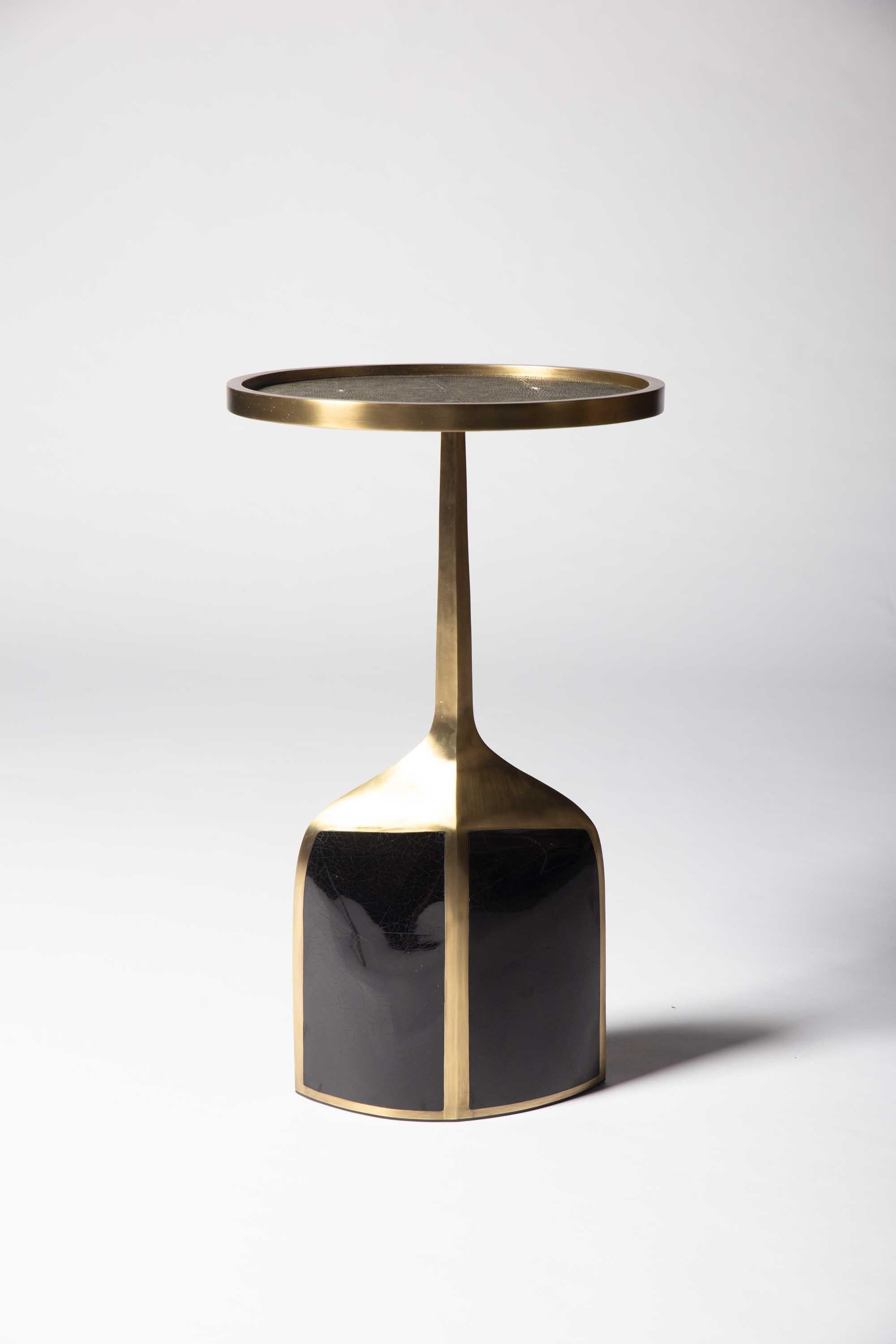 Pedestal Table Large in Coal Black Shagreen and Brass by R&Y Augousti For Sale 7