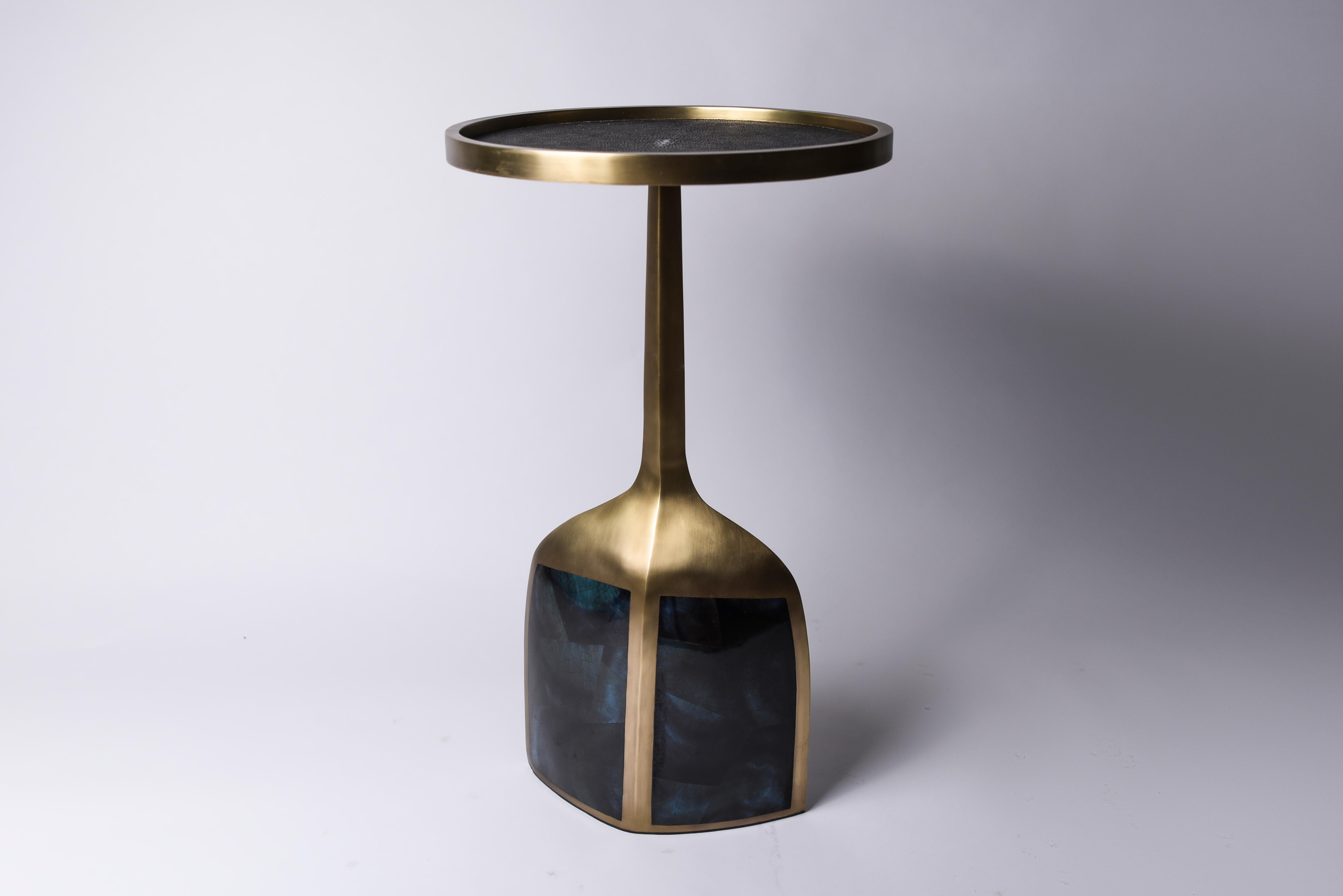 Pedestal Table Large in Coal Black Shagreen and Brass by R&Y Augousti For Sale 1