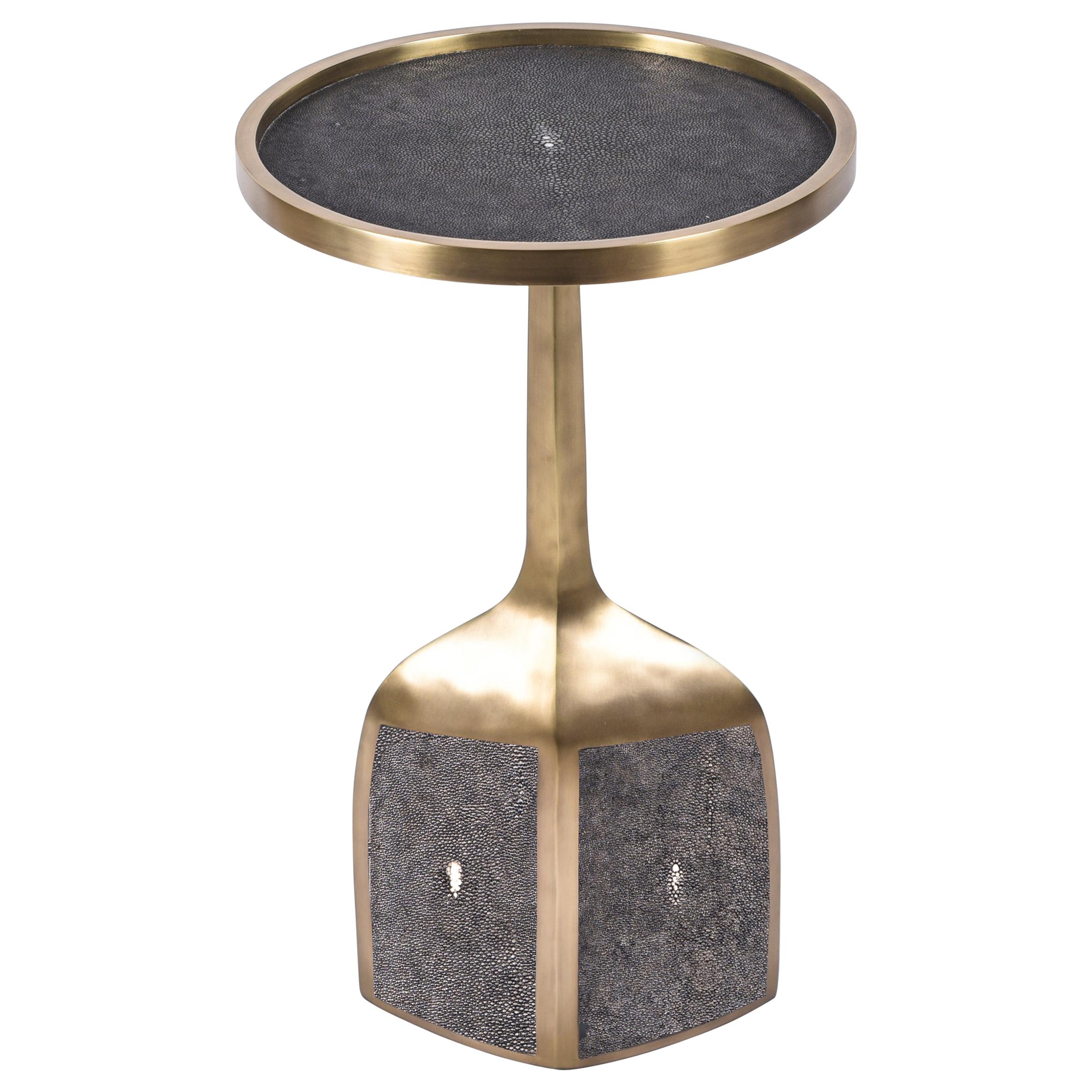 Pedestal Table Large in Coal Black Shagreen and Brass by R&Y Augousti