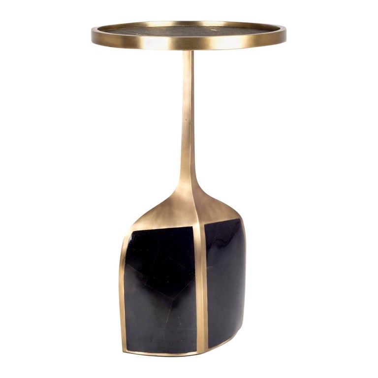 Pedestal Table Large in Black Shagreen, Shell, and Brass by R&Y Augousti For Sale