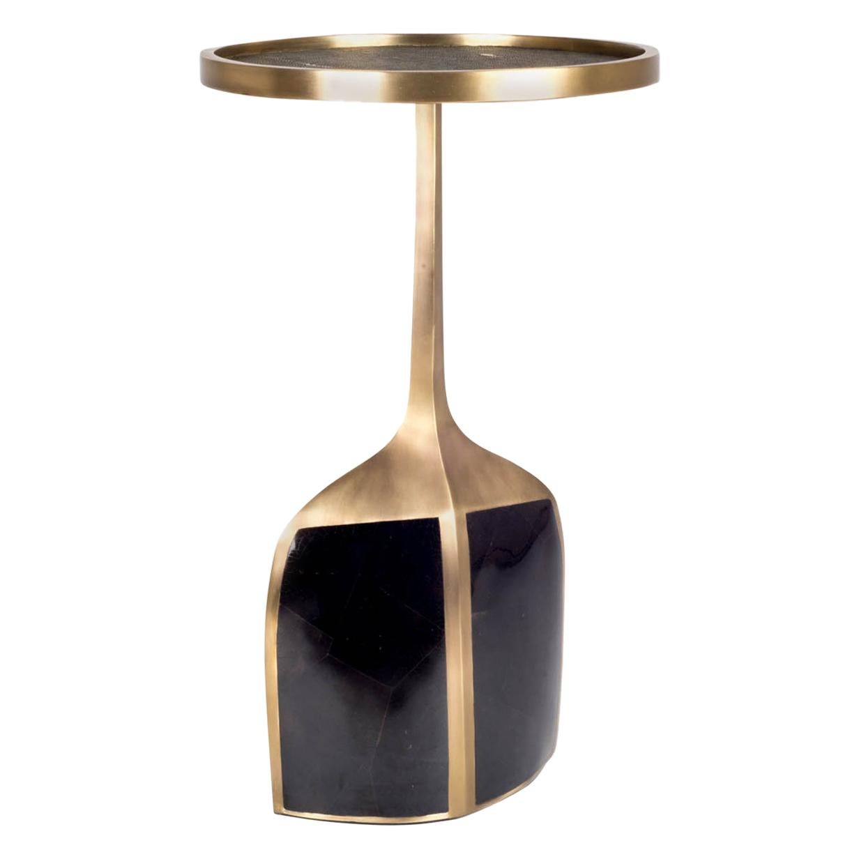 Pedestal Table Large in Black Shagreen, Shell, and Brass by R&Y Augousti
