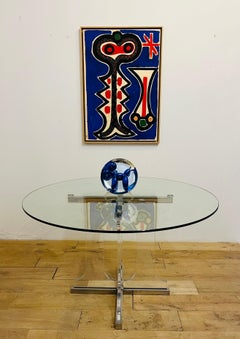 Pedestal table, plexiglass and stainless steel legs, glass top, circa 1970.