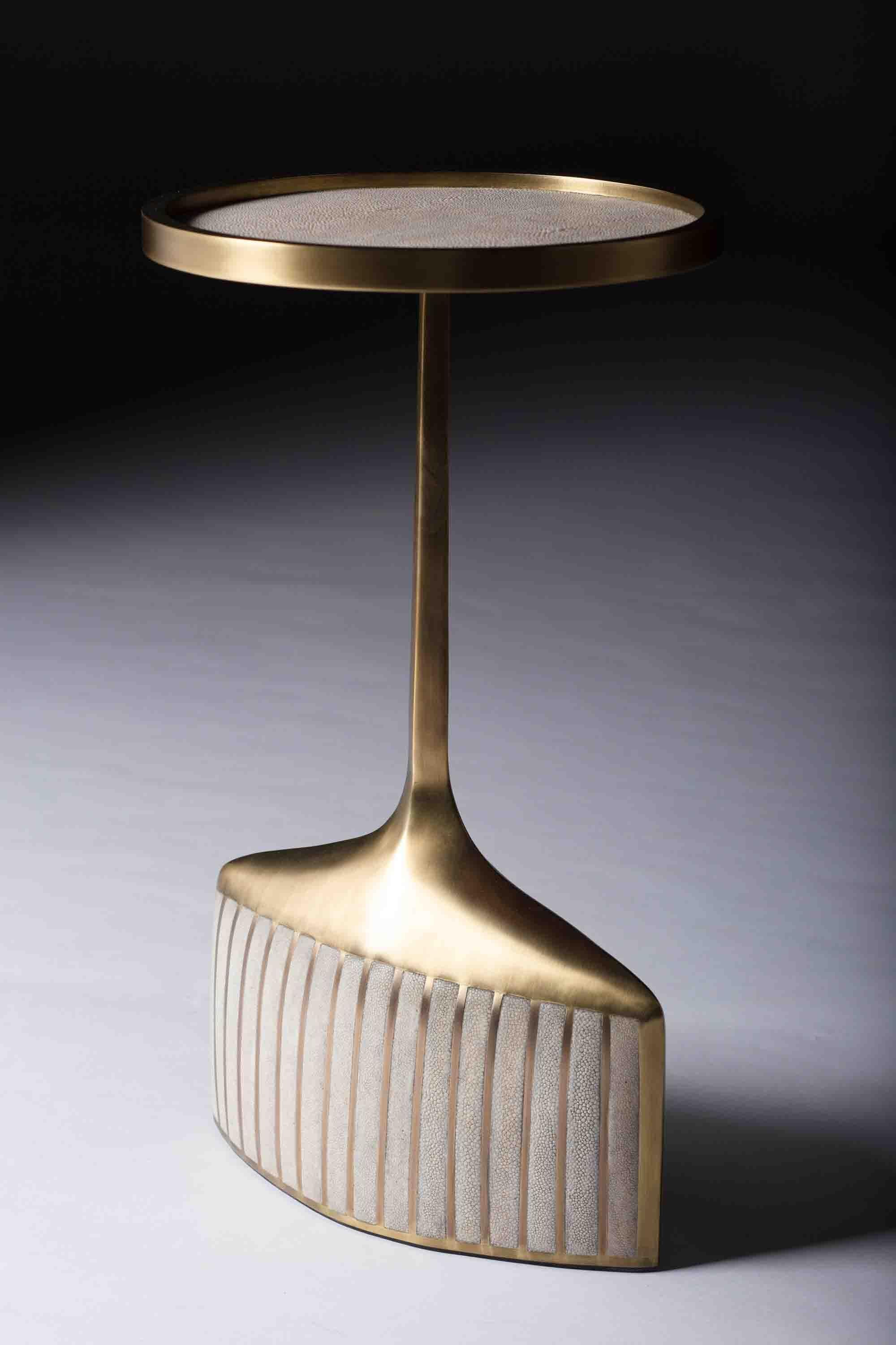 French Pedestal Table Small in Cream Shagreen & Brass by R & Y Augousti