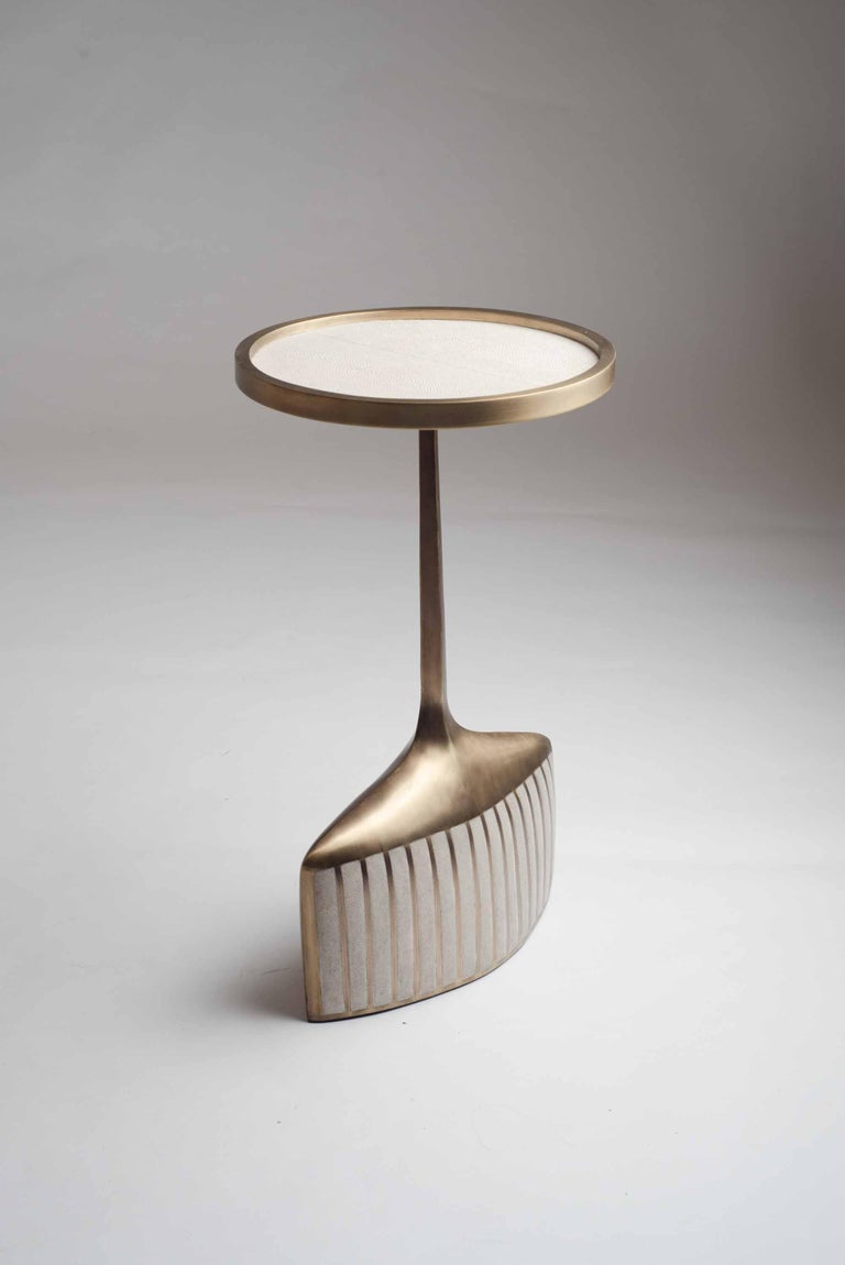 Hand-Crafted Pedestal Table Small in Cream Shagreen & Brass by R & Y Augousti