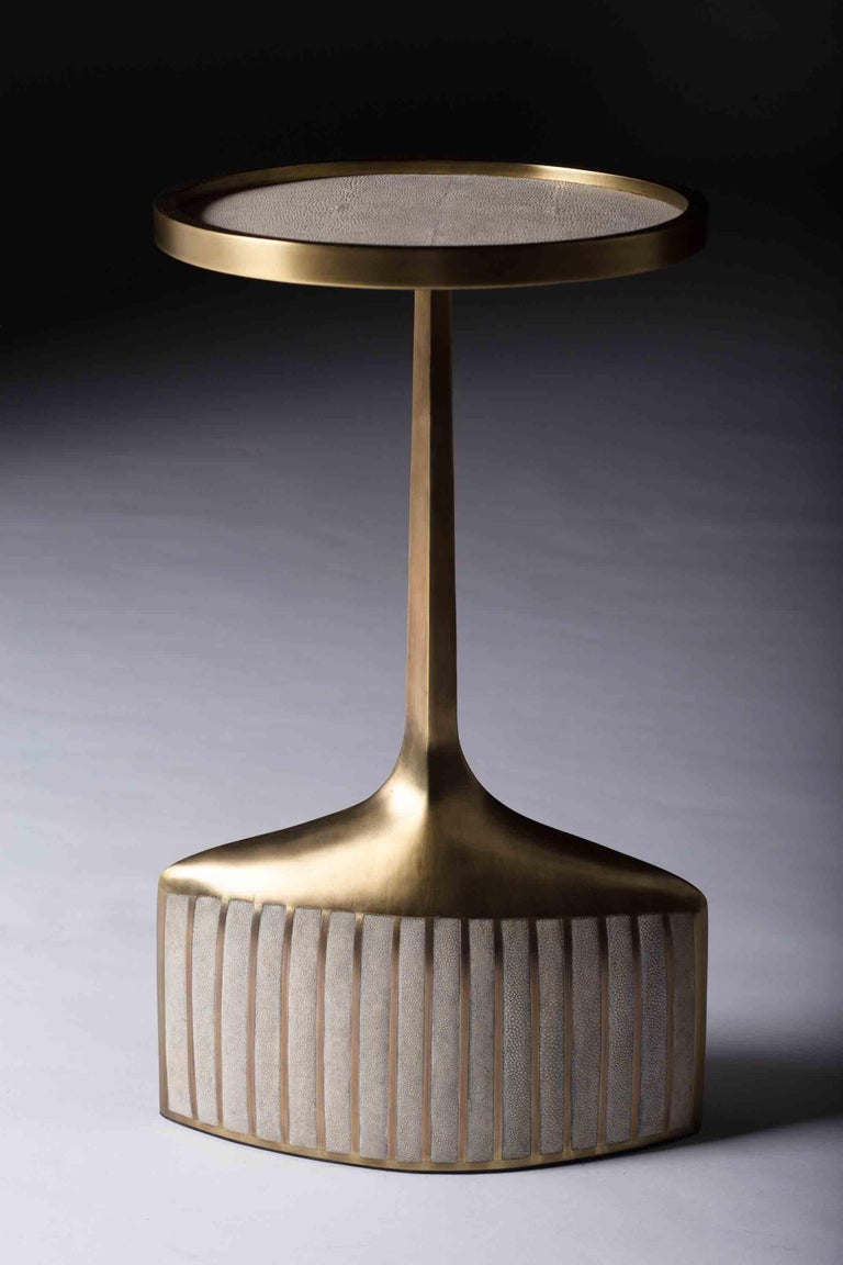 Pedestal Table Small in Cream Shagreen & Brass by R & Y Augousti In New Condition In New York, NY