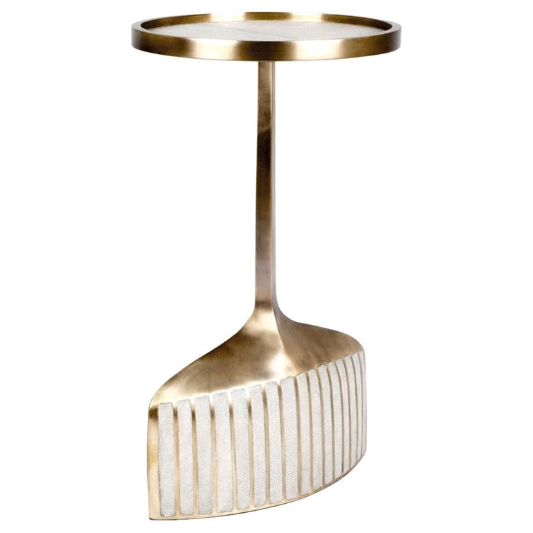 Pedestal Table Small in Cream Shagreen & Brass by R & Y Augousti For Sale
