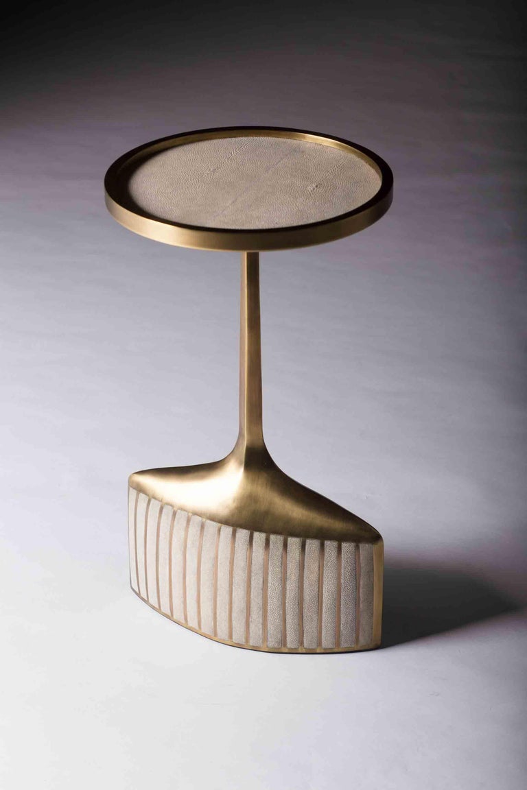 Art Deco Pedestal Table Small in Cream Shagreen & Brass by R & Y Augousti For Sale