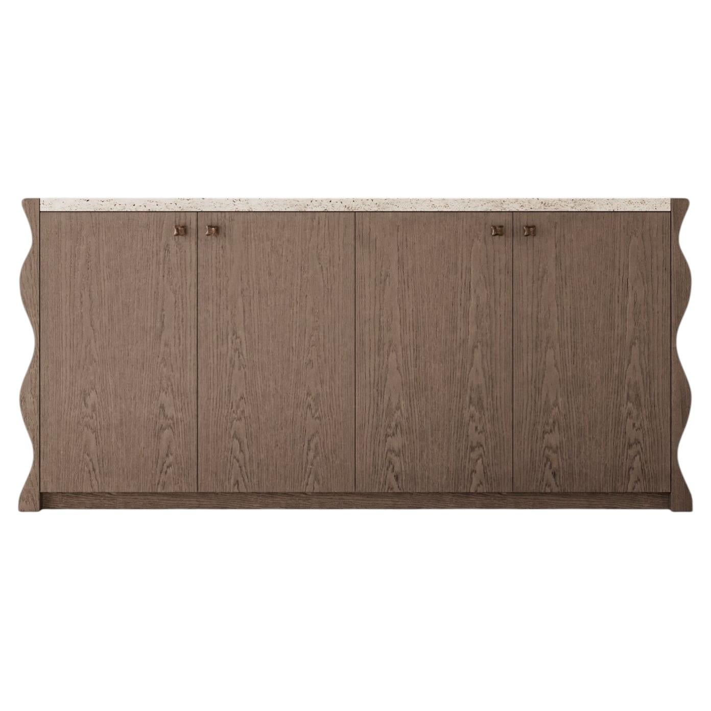 Wavy Credenza Sideboard with Silver Travertine Top - Walnut