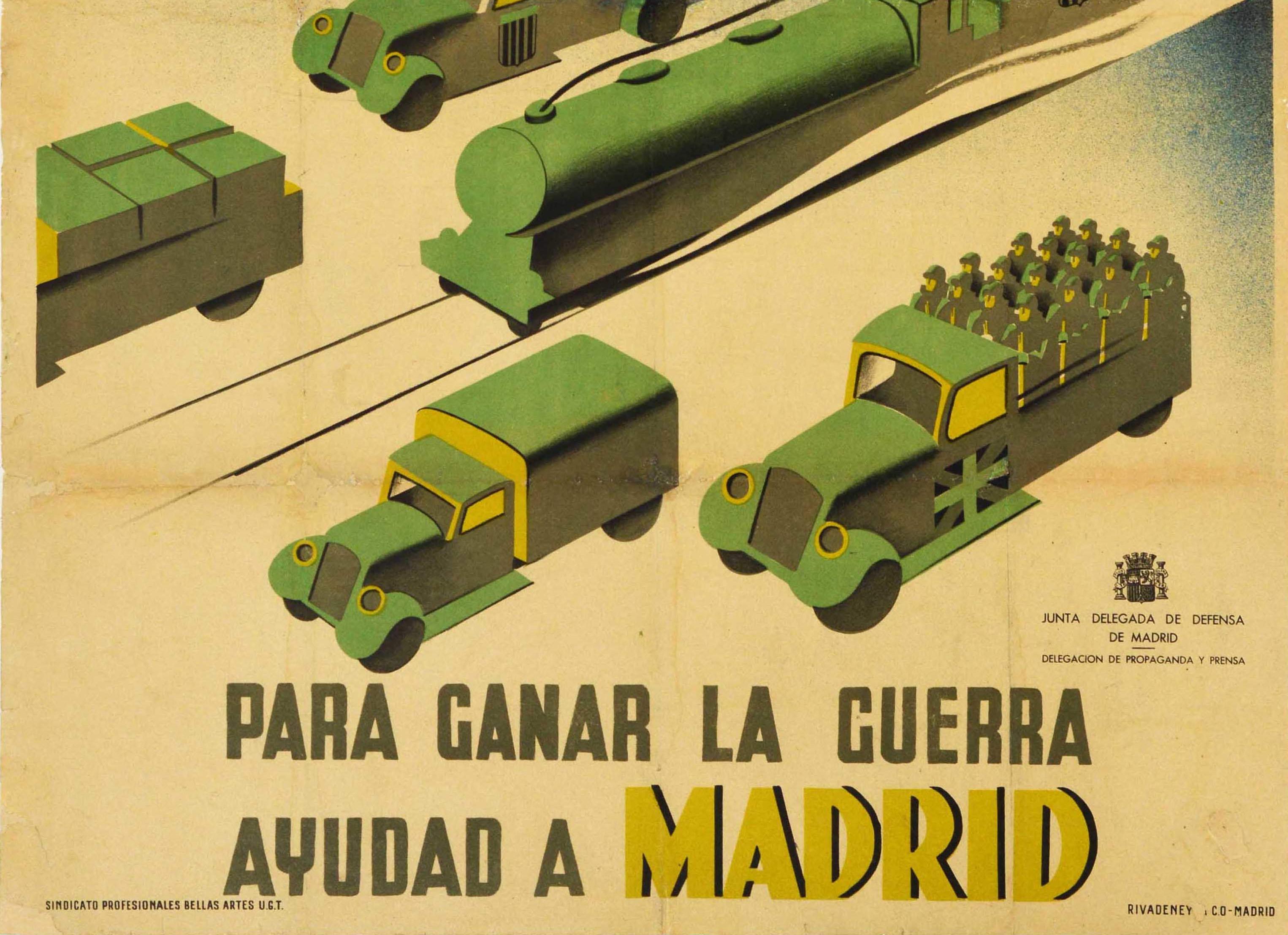 Manifesto originale d'epoca della Guerra Civile Spagnola (1936-1939) emesso dalla delegazione repubblicana di propaganda e stampa del Consiglio Delegato di Difesa di Madrid - Para Ganar la Guerra Ayudad a Madrid / Per vincere la guerra aiuta Madrid