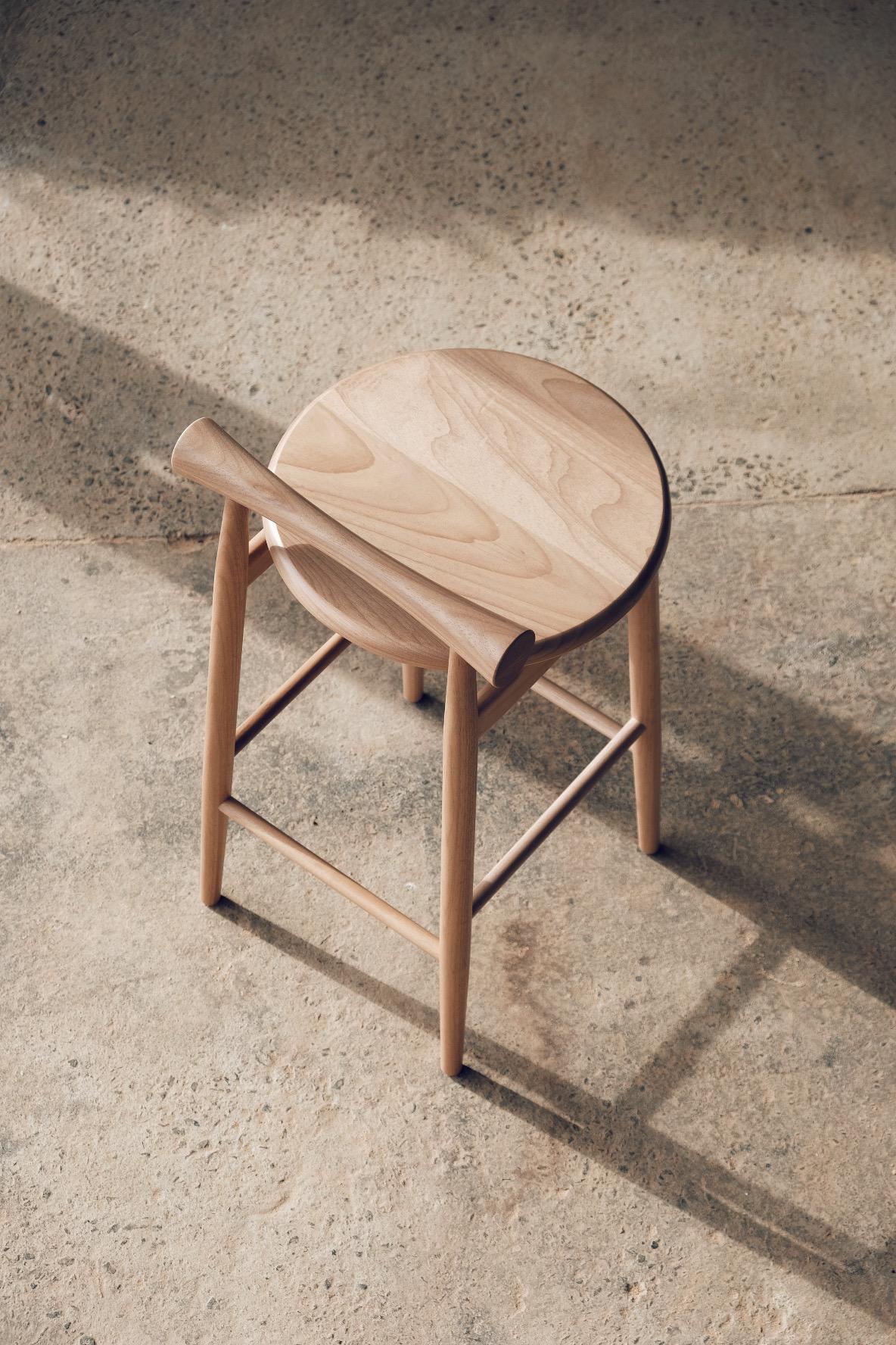 This stool is thought and made to please the eyes. It's design and craftsmanship combined create a unique piece of furniture with a strong statement. The charming protagonist in Its design is the lathe turned low backrest, made of the finest