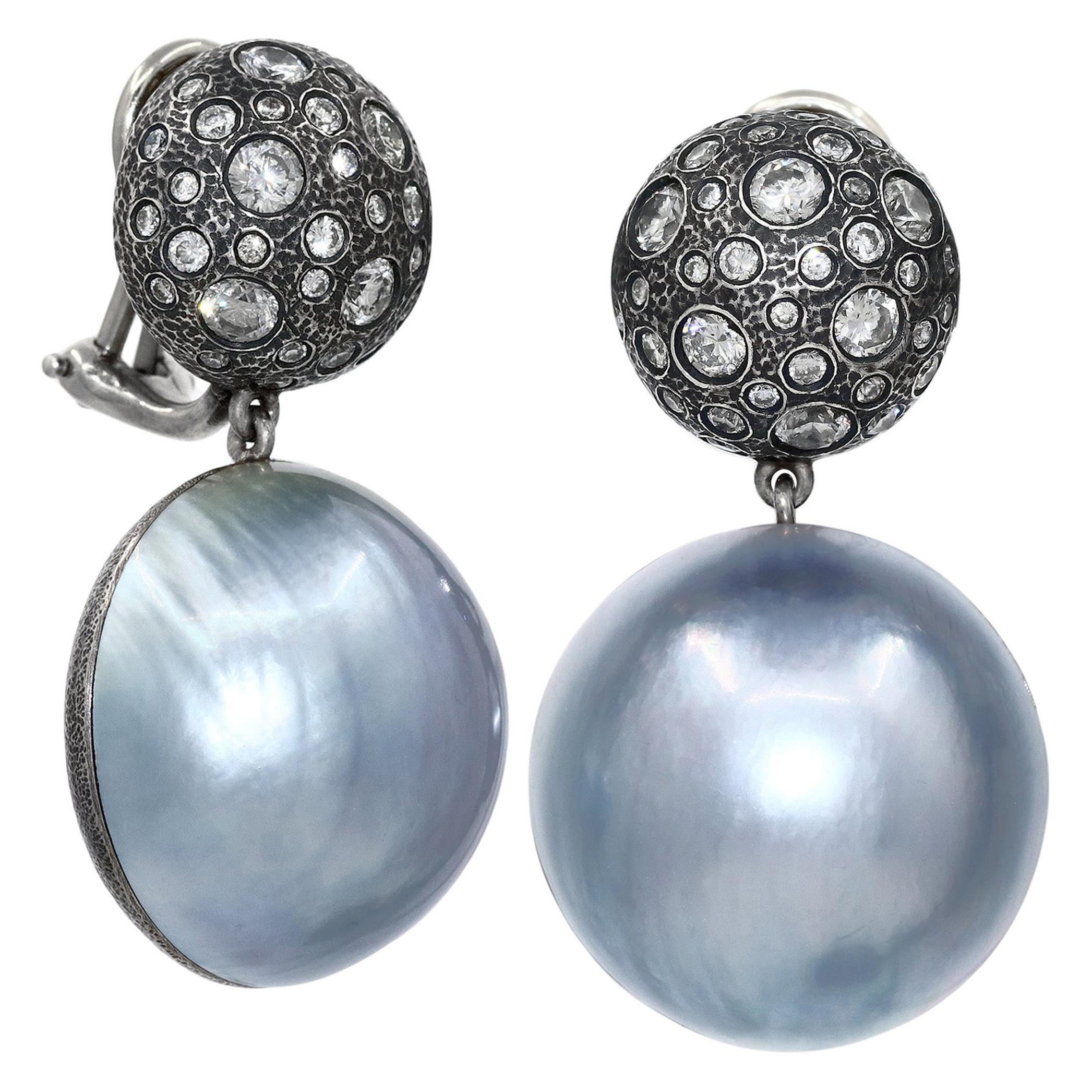 2.75 ct Round Brilliant Diamond Blue Mabe Pearl Clip Earrings, Pedro Boregaard For Sale