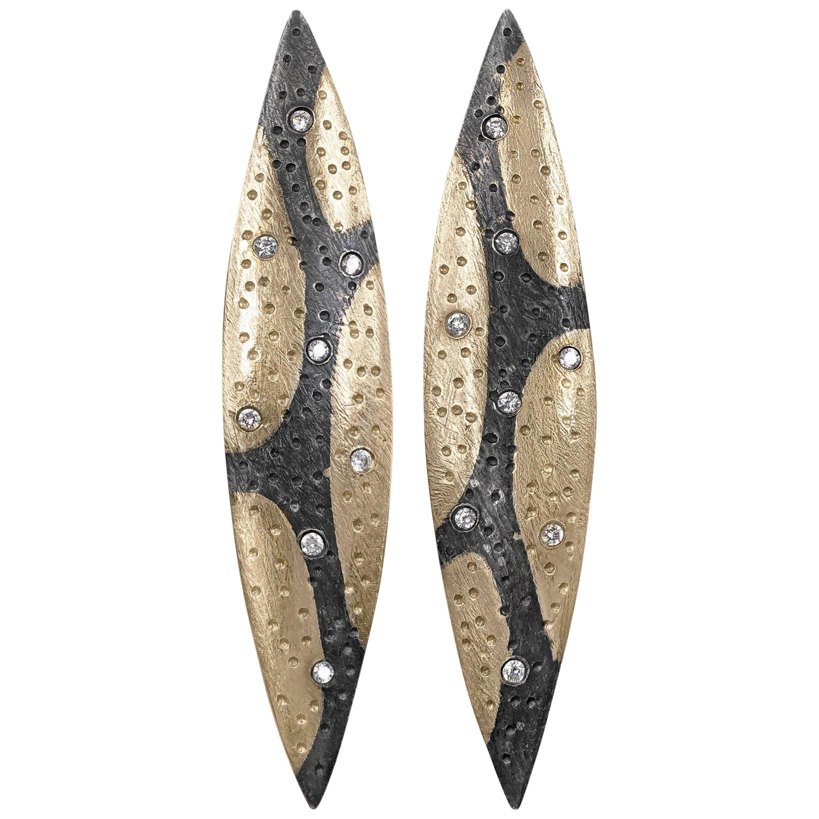 Pedro Boregaard White Diamond Camouflage Gold Oxidized Silver Earrings For Sale