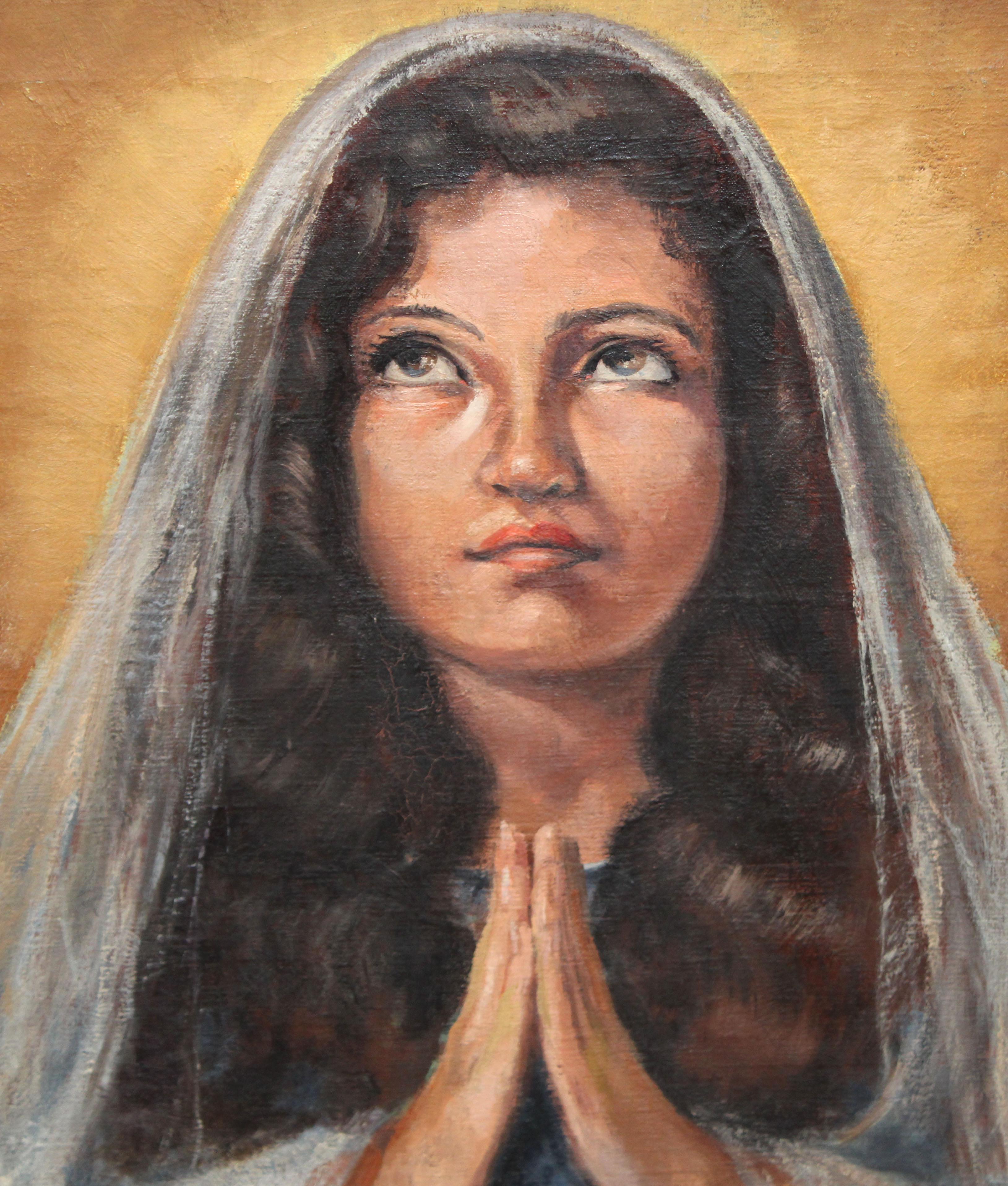 Virgen pregando - Óleo sobre tela - Año 1952 - Brown Portrait Painting by Pedro Comas (XX)