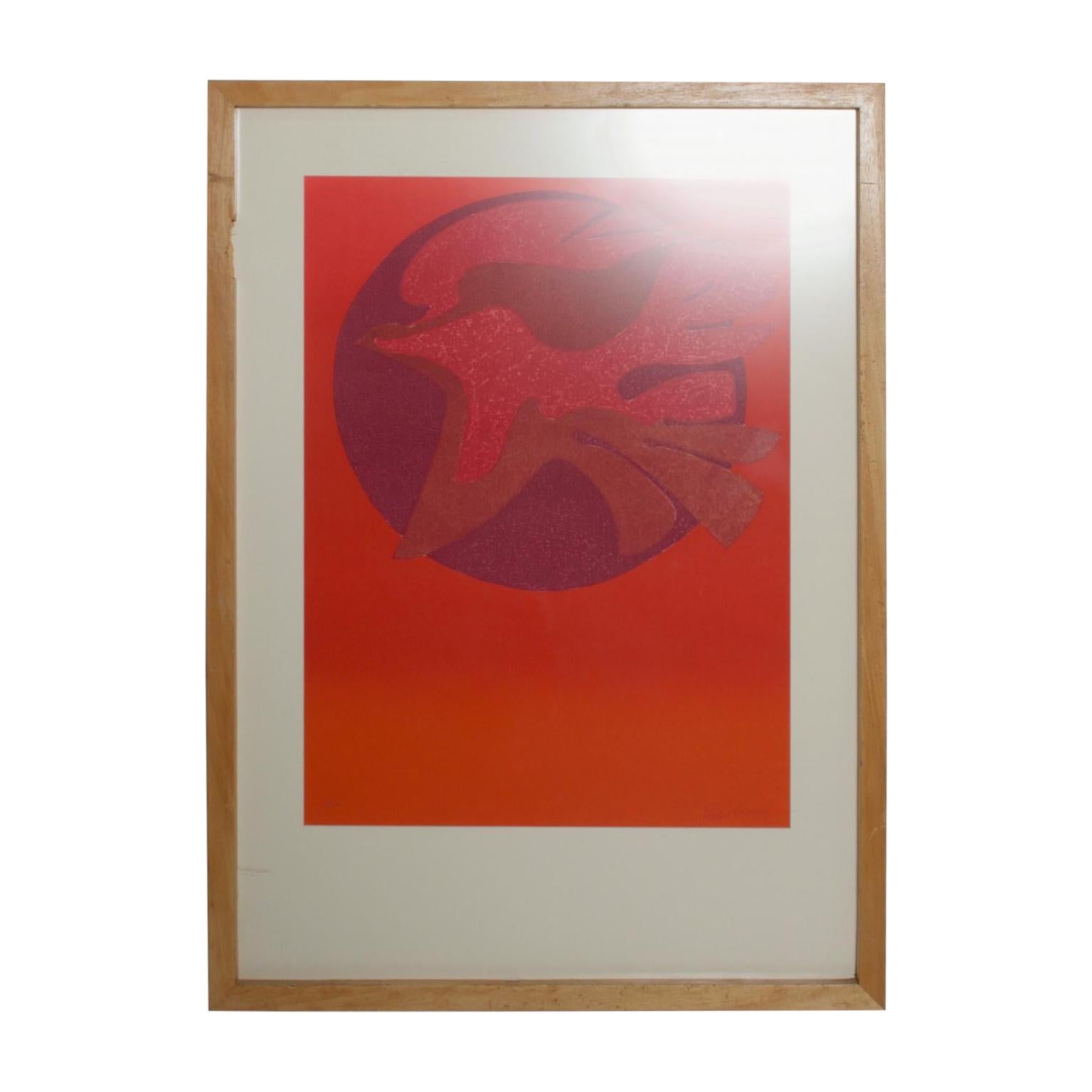 Litografia d'arte moderna di Pedro Coronel del 1980 con colomba astratta