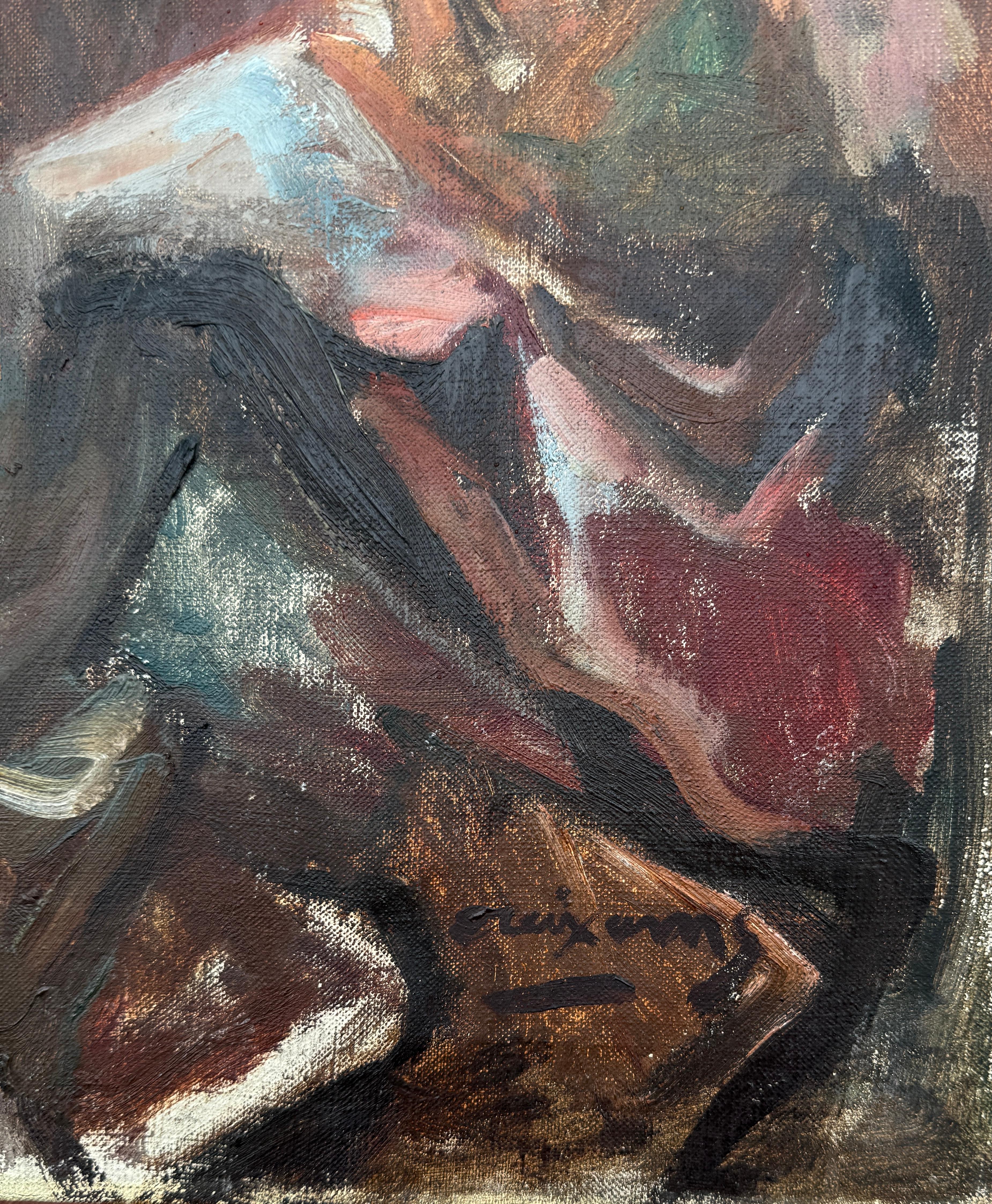 Escena familiar con guitarrista óleo sobre lienzo pintura escuela picasso París - Painting de Pedro CREIXAMS