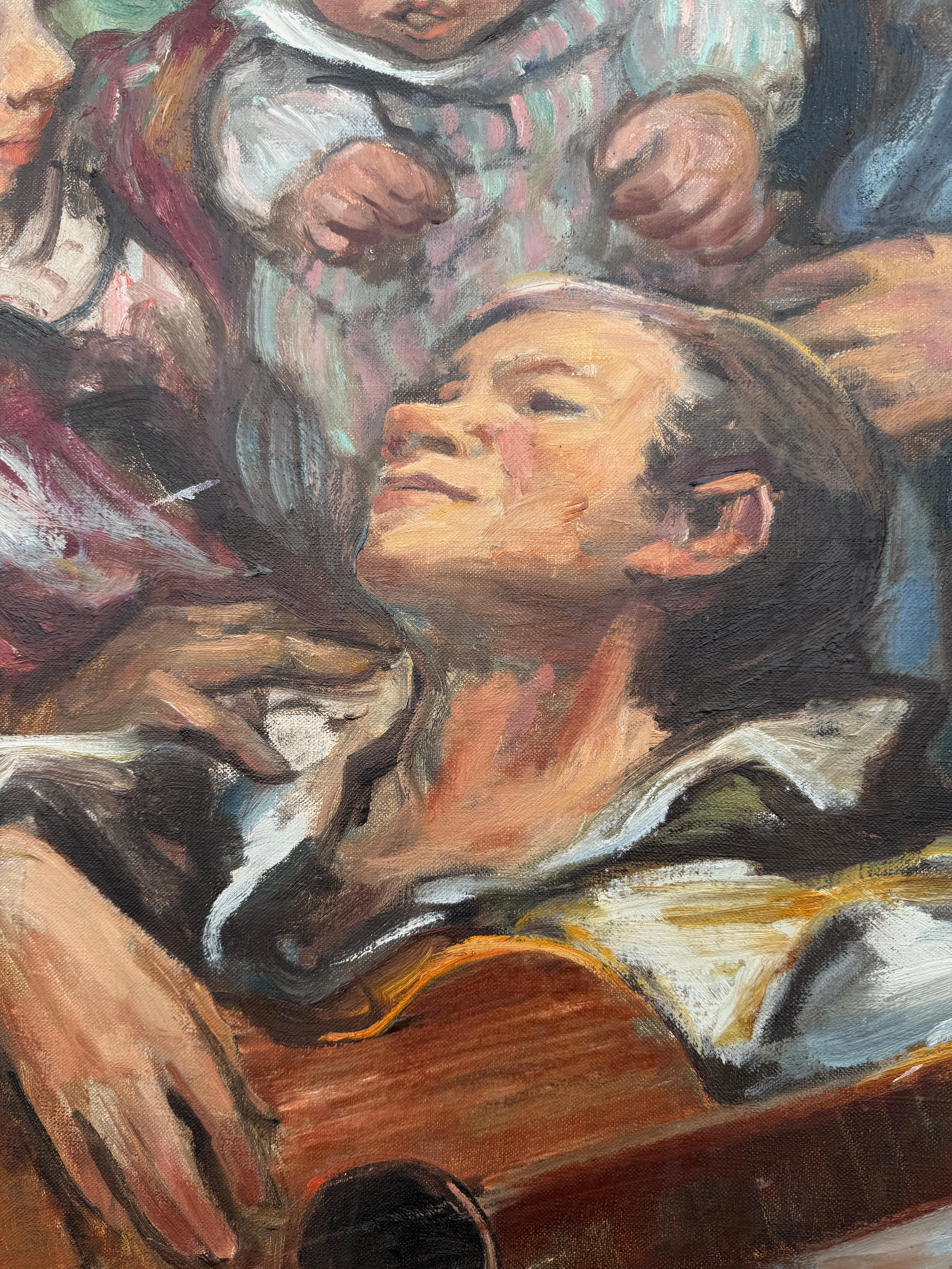 Escena familiar con guitarrista óleo sobre lienzo pintura escuela picasso París - Painting Expresionista de Pedro CREIXAMS