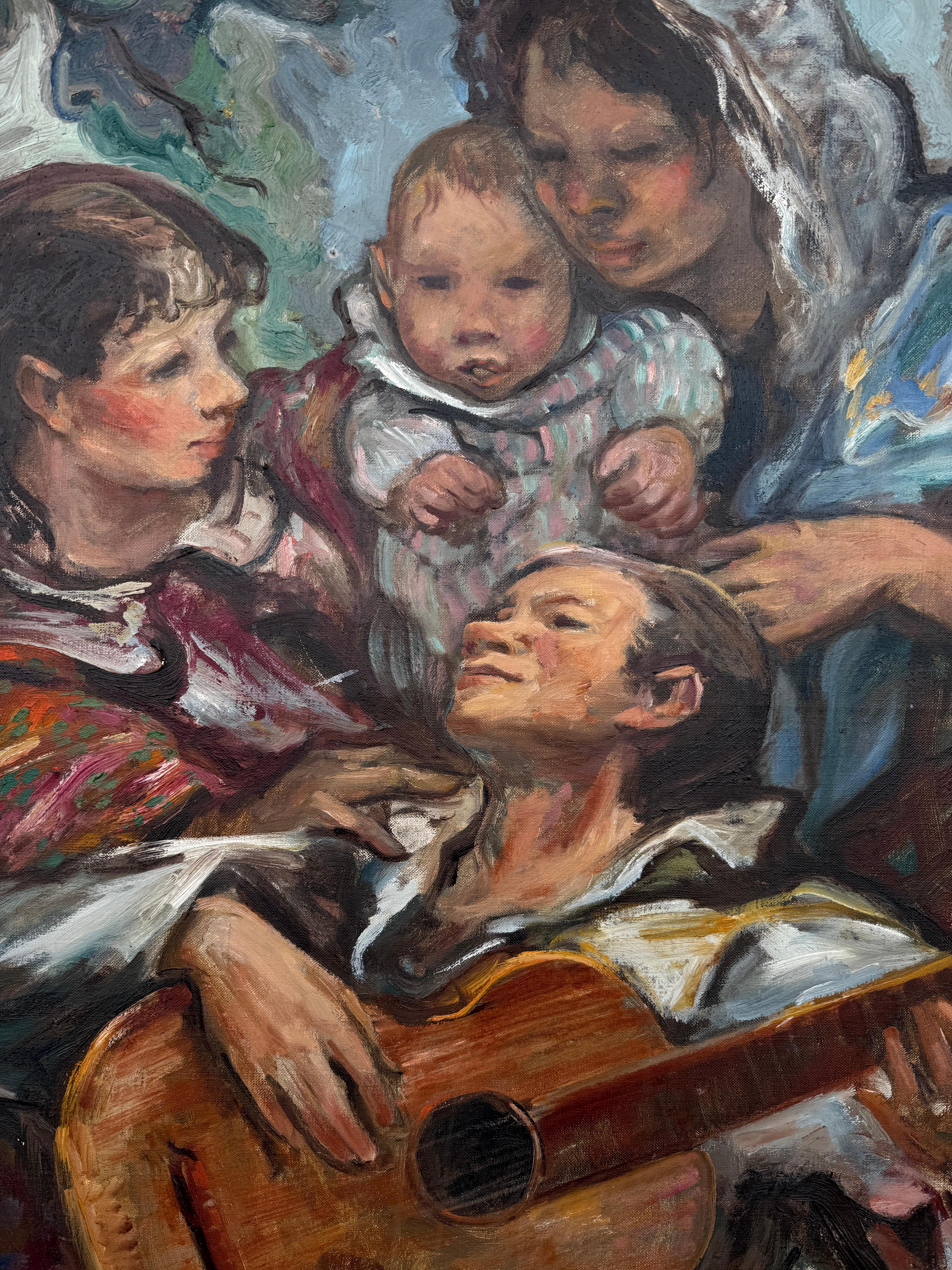 Escena familiar con guitarrista óleo sobre lienzo pintura escuela picasso París en venta 2