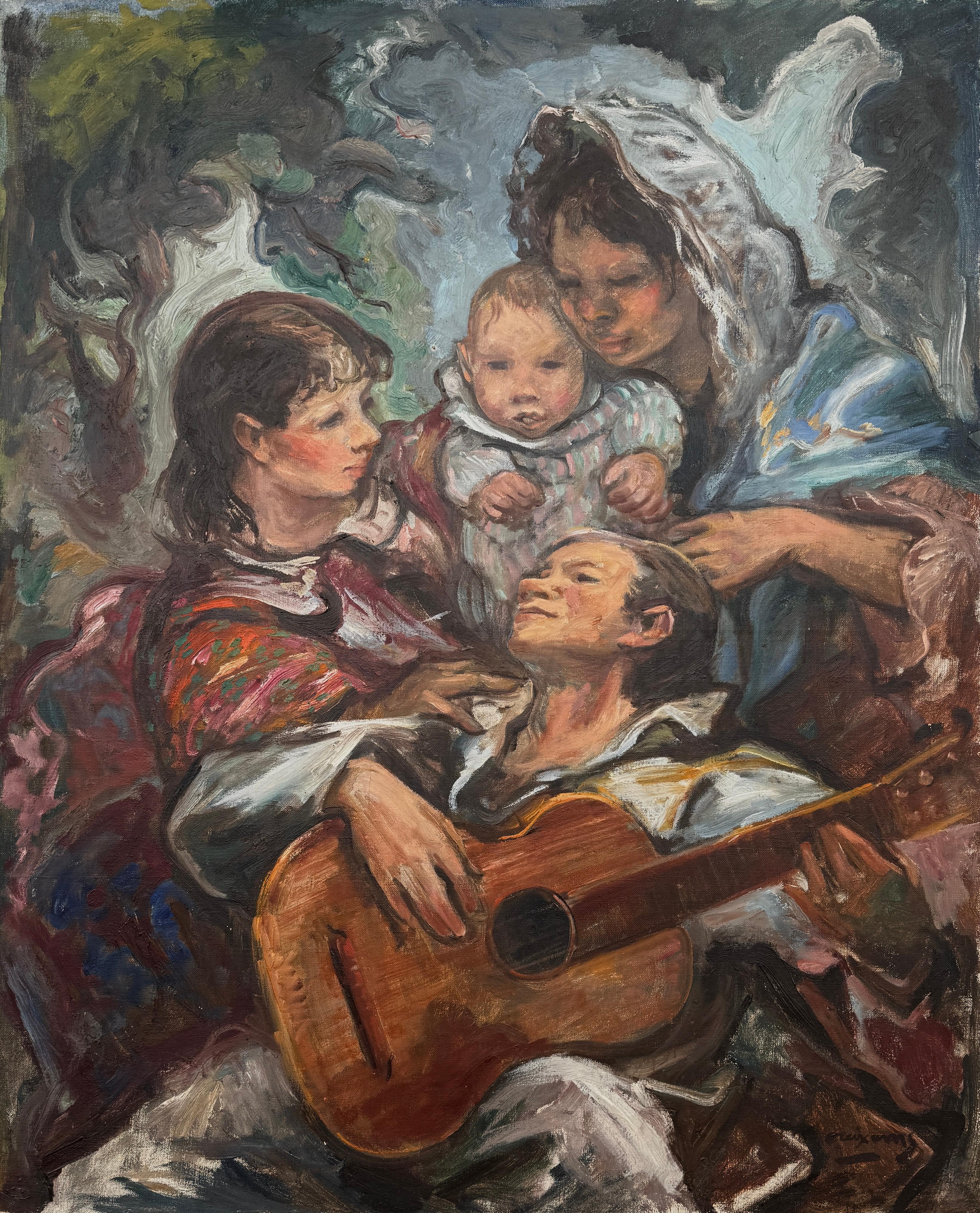 Figurative Painting de Pedro CREIXAMS - Escena familiar con guitarrista óleo sobre lienzo pintura escuela picasso París