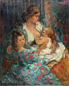 Intimate Maternity with Children Large Spanish School of Paris Oil Painting