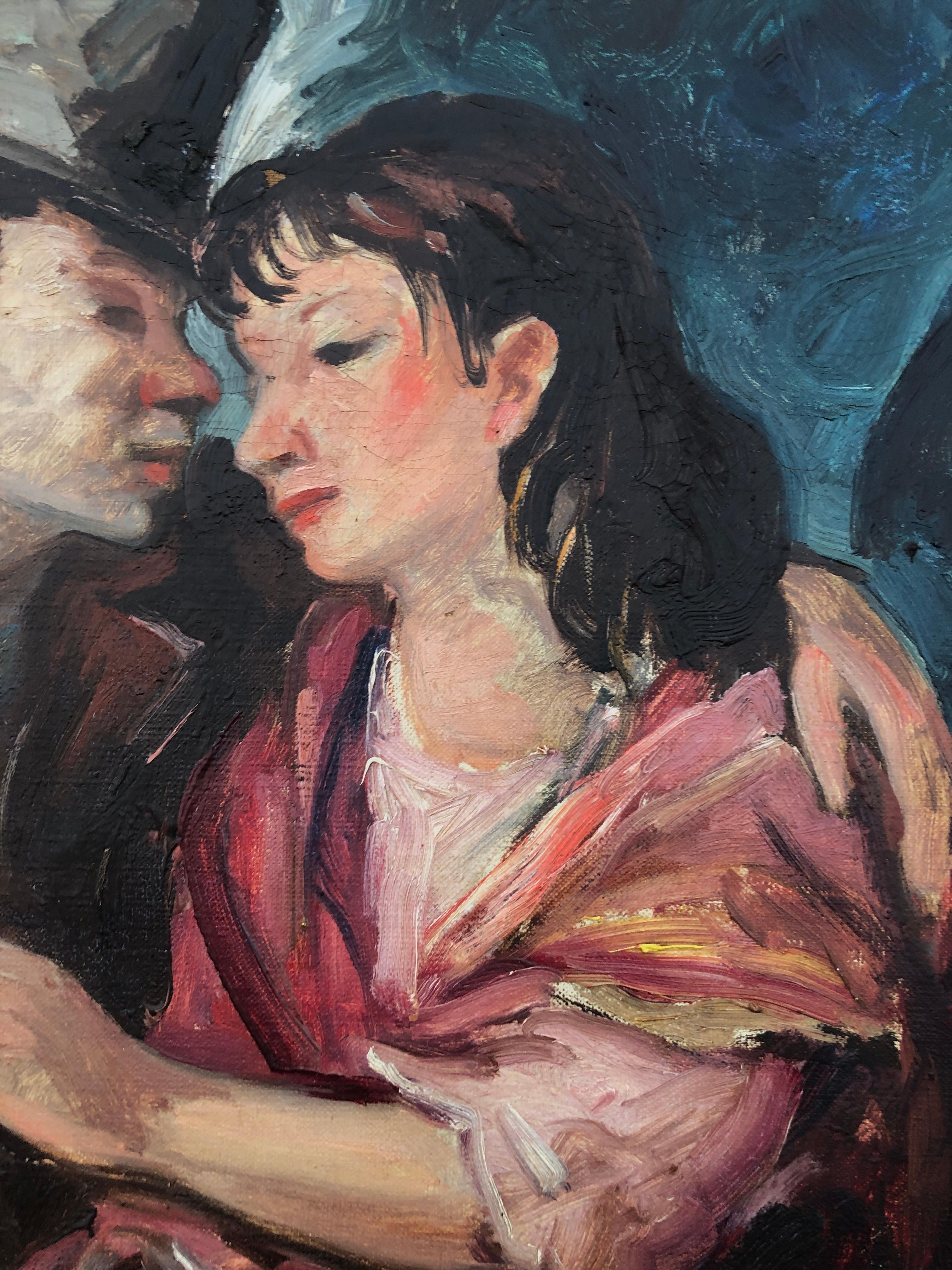 Amantes óleo sobre lienzo pintura París escuela Picasso - Figurative Painting Negro de Pedro CREIXAMS