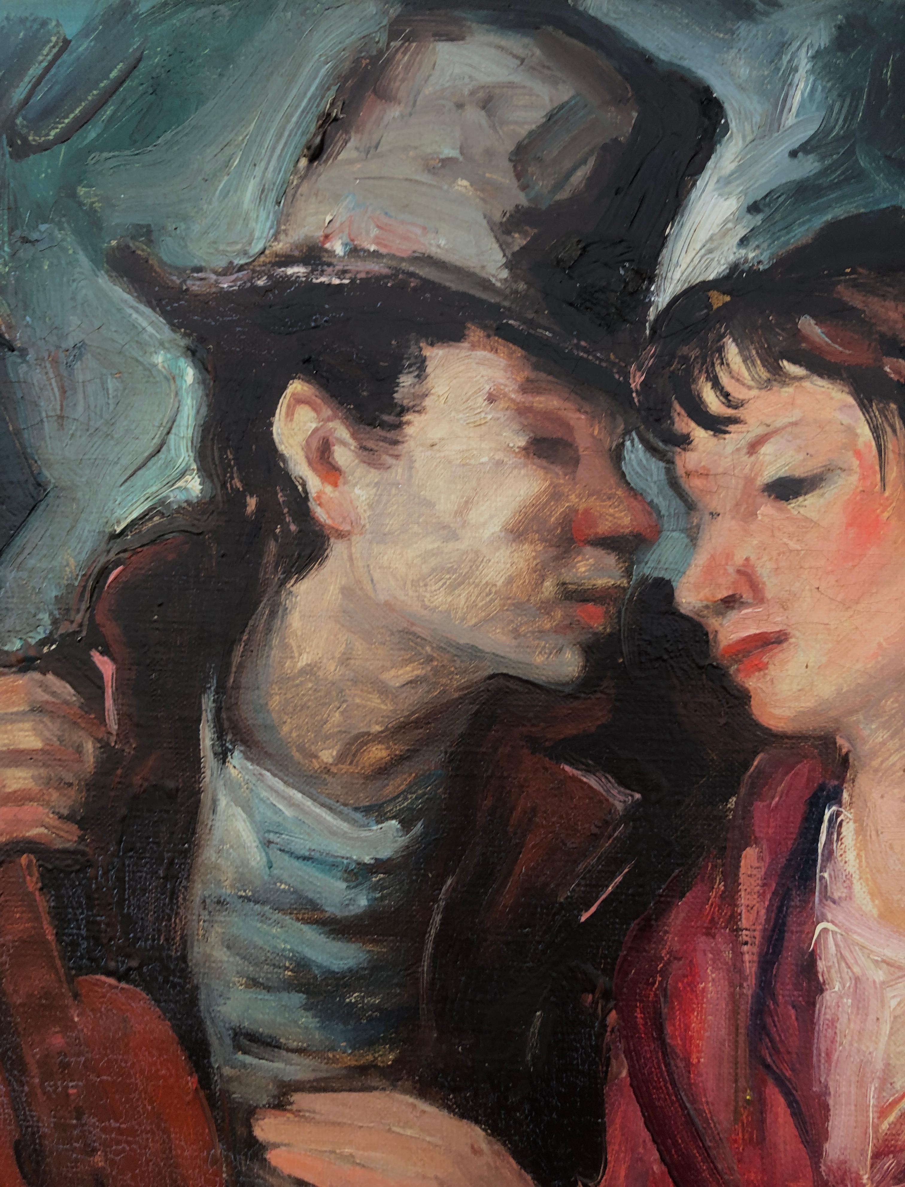 Título: *Un momento íntimo*  
Artista: Pedro CREIXAMS (1893-1965)  
Técnica: Óleo sobre lienzo  
Dimensiones: 18,1 x 15 pulgadas  
Estado: Sin enmarcar  
Estilo: Retrato expresionista con influencias postimpresionistas  
Periodo: Mediados del siglo