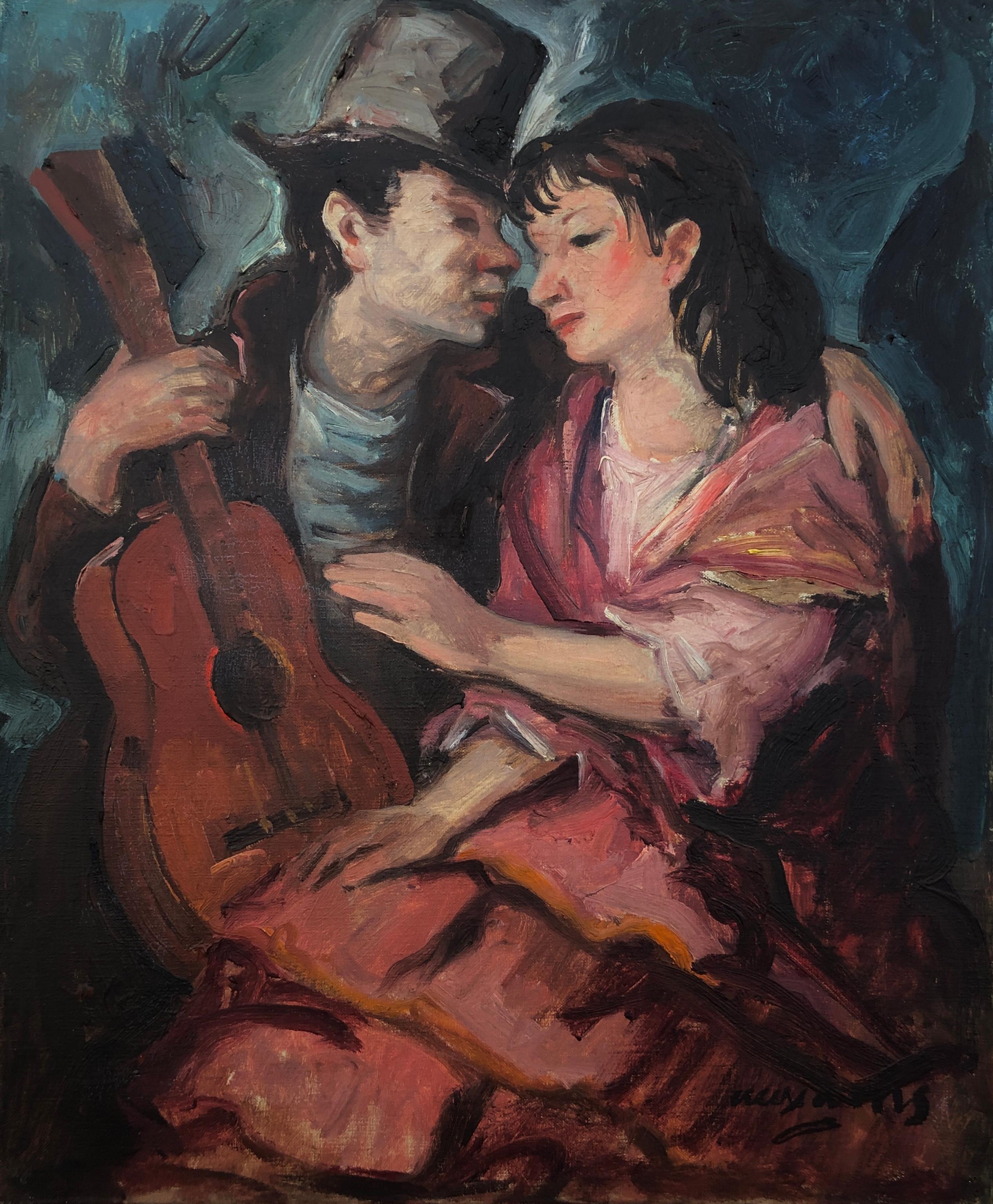 Figurative Painting de Pedro CREIXAMS - Amantes óleo sobre lienzo pintura París escuela Picasso