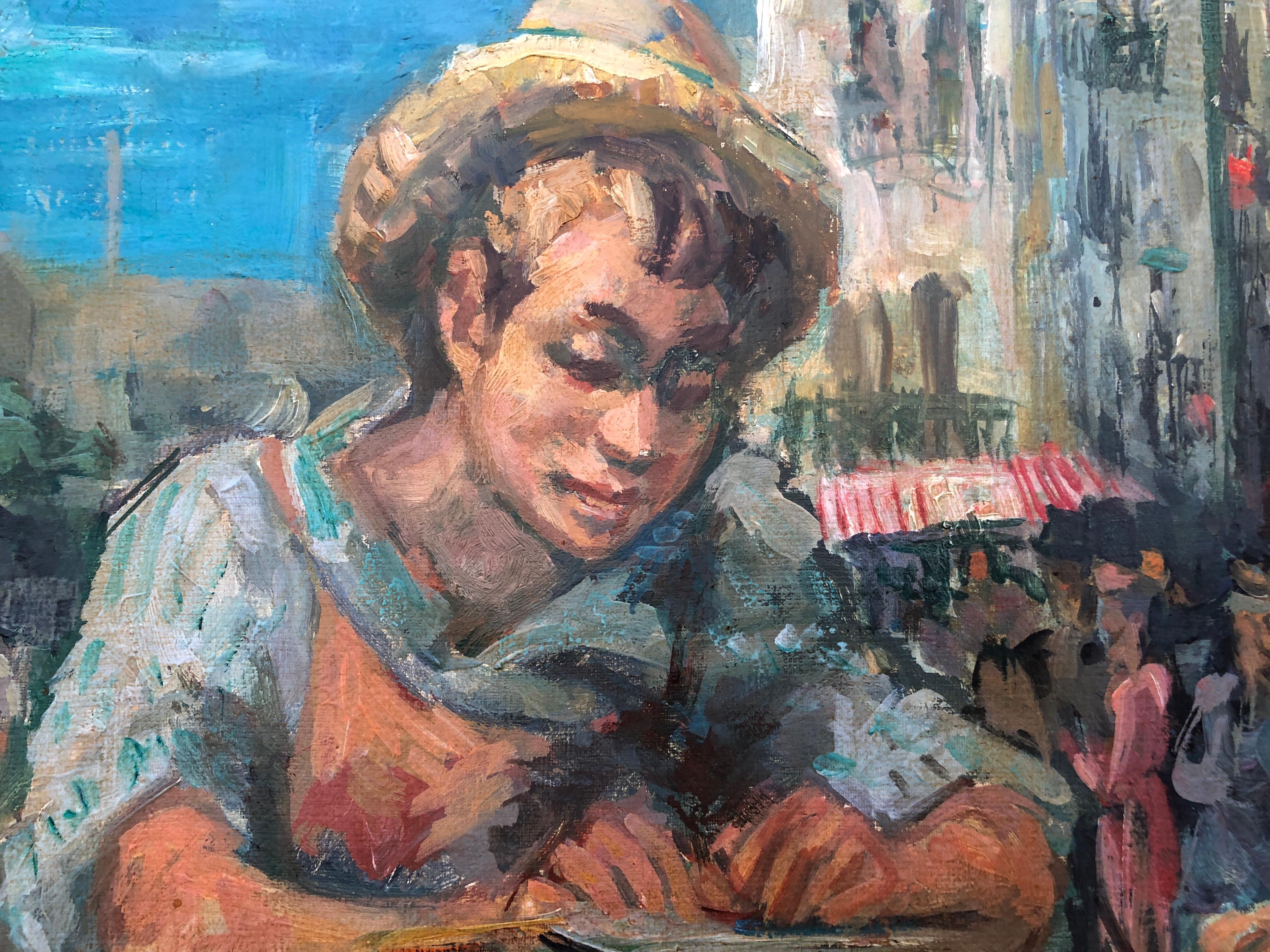 Título: El afilador de cuchillos de París
Artista: Pedro CREIXAMS
Técnica: Óleo sobre lienzo
Dimensiones: 28,74 x 36,22 pulg.
Estado: Sin enmarcar
Estilo: Costumbrismo (pintura de género) con influencias postimpresionistas
Periodo: 1930s
Descripción