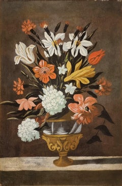 Primitive Spanish Vase of Flowers Still Life, Early 18th Century