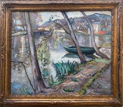 Antique Central American Impressionist in Paris landscape, River Seine painting