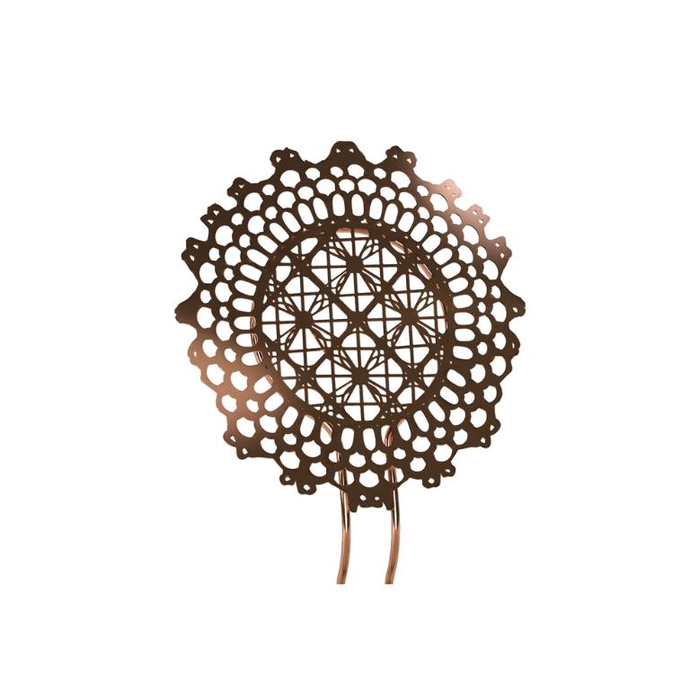 The collection of Fla chairs created by designer Pedro Franco is a high quality piece of art design by A LOT OF Brasil. Inspired by Brazilian lace, it has a steel structure, a backrest in the form of laser-cut authorial lace, with a copper finish