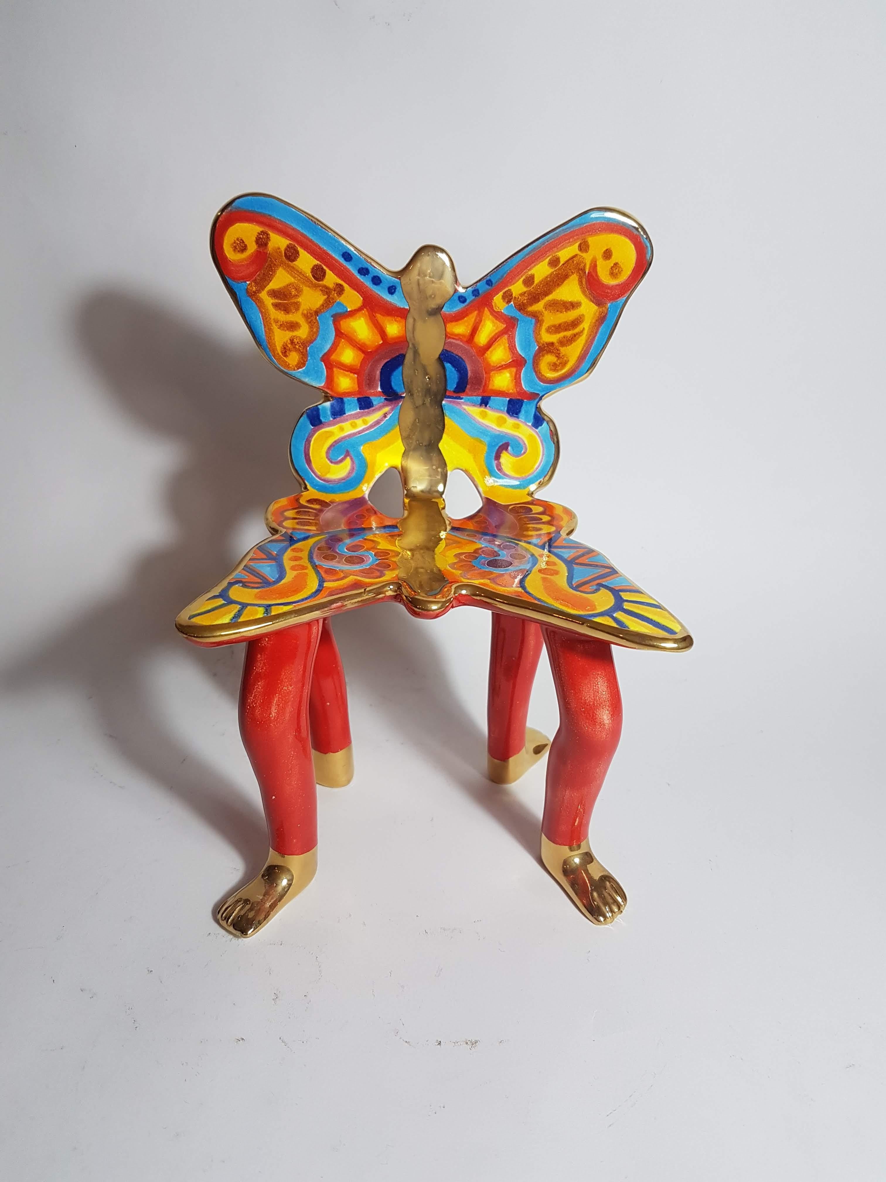 Beautiful unique ceramic butterfly chair sculpture by Pedro Friedeberg. Signed.

Pedro Friedeberg is a Mexican artist and designer known by his surrealist work filled with lines and colors, as well as ancient and religious symbols. His best known