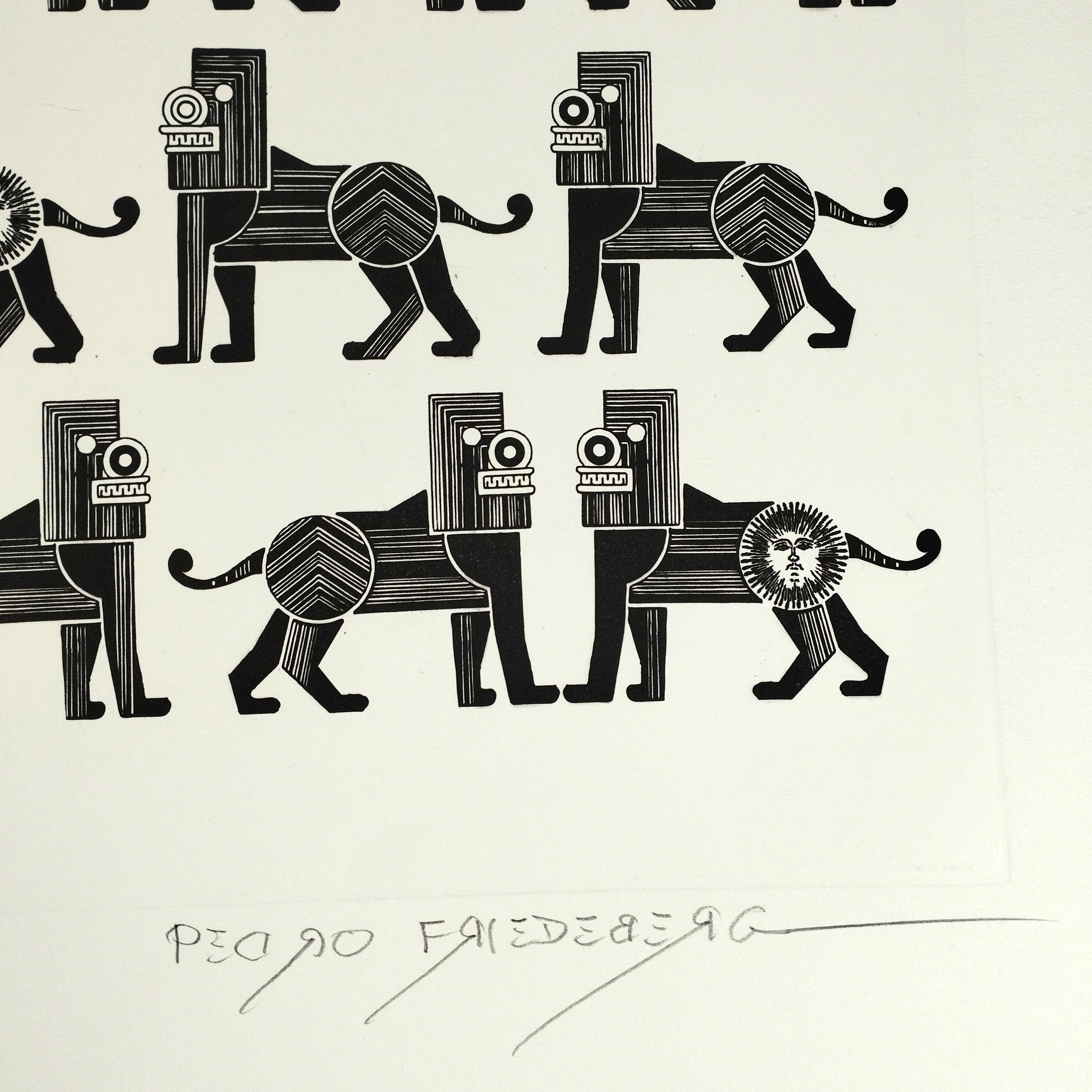 Pedro Friedeberg „Communist Lions By Day“ Kupferstich Limitierte Auflage (Mexikanisch) im Angebot
