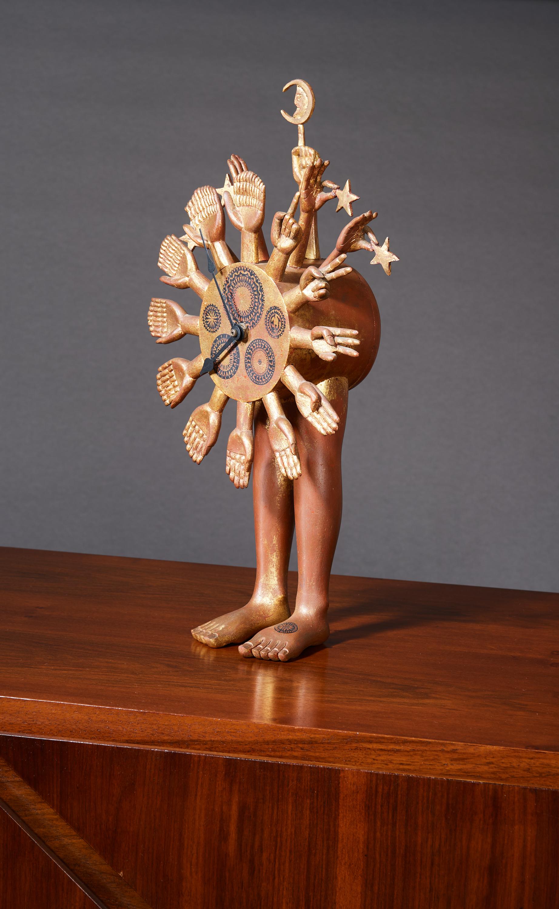 Mid-Century Modern Pedro Friedeberg, Exceptional Surrealist Carved Clock, Gilt Wood, Mexico 1970s For Sale